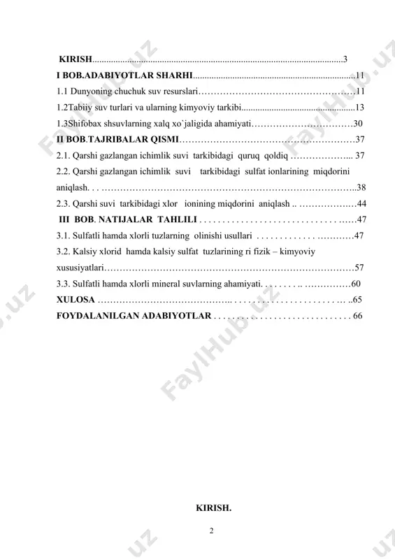 …44 iii bob. natijalar tahlili . . . . . . . . . . . . . . . . . . . . . . . . . . . . . . ……47 3.1. sulfatli hamda xlorli tuzlarning olinishi usullari . . . . . . . . . . . . . …………47 3.2. kalsiy xlorid hamda kalsiy sulfat tuzlarining ri fizik – kimyoviy xususiyatlari………………………………………………………………………57 3.3. sulfatli hamda xlorli mineral suvlarning ahamiyati. . . . . . . . .. ……………60 xulosa …………………………………….. . . . . . . . . . . . . . . . . . . . . . . … ..65 foydalanilgan adabiyotlar . . . . . . . . . . . . . . . . . . . . . . . . . . . . . . 66 kirish. hurmatli prezidentimiz islom karimov o‘zbekiston …