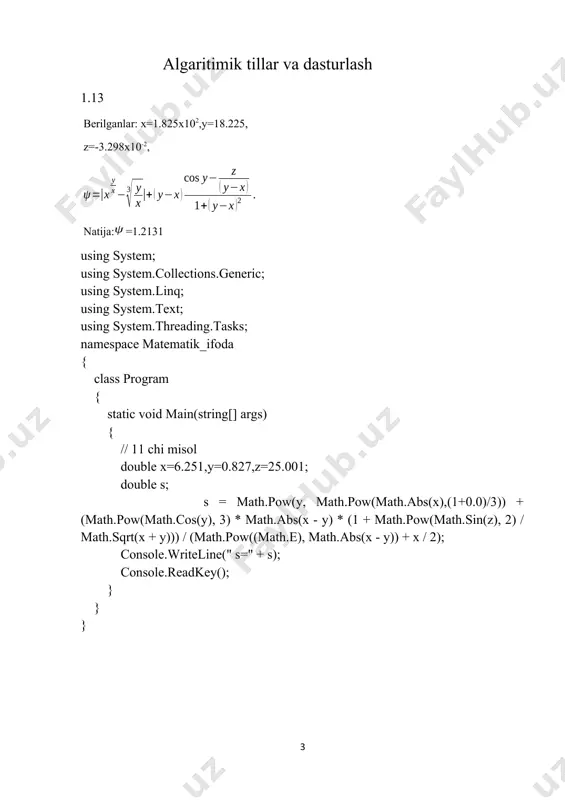 ); b = double.parse(console.readline()); console.writeline("\n nuqta kordinatasining berilishi a(a,b) shu ko`rinishda \n"); if(a>0 && b>0) { console.writeline("\n berilgan a nuqta kordinatalar sistemasining birinchi choragida joylashgan \n"); } if(a 0) { console.writeline("\n berilgan a nuqta kordinatalar sistemasining ikkinchi choragida joylashgan \n"); } if(a 0 && b x4 && x2>x3) (x2 > x4 && x1 > x3) (y1 > y4 && y2 > y3) (y2 > y4 && y1 > y3)) { console.writeline("o yani kesishmaydi"); } else { console.writeline("2 yani kesishadi "); } console.readkey(); } } } 6.13 enum davlat{germaniya,quba,laos,monaqo,nepal,polsha}; enum qita{osiyo,amerika,evropa}; davlat davlat; qita qita; davlatning nomi bo‘yicha u joylashgan qit’a nomi aniqlansin. using system; using system.collections.generic; using system.linq; using system.text; using system.threading.tasks; namespace switch_operatori { class program { enum davlat { germaniya, quba, laos, monaqo, nepal, polsha } static void main(string[] args) { for (davlat i = davlat.germaniya; i = 10) { m = m / 10; k++; } m …