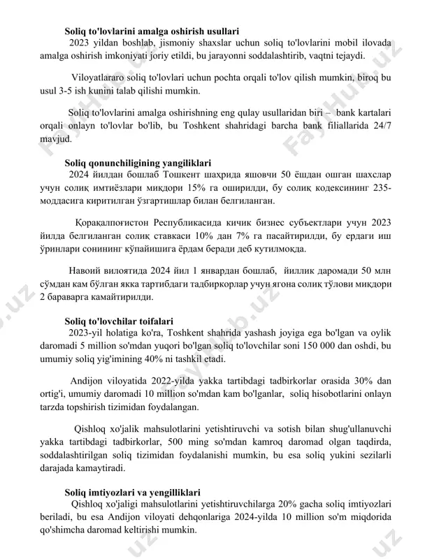 usul 3-5 ish kunini talab qilishi mumkin. soliq to'lovlarini amalga oshirishning eng qulay usullaridan biri – bank kartalari orqali onlayn to'lovlar bo'lib, bu toshkent shahridagi barcha bank filiallarida 24/7 mavjud. soliq qonunchiligining yangiliklari 2024 йилдан бошлаб тошкент шаҳрида яшовчи 50 ёшдан ошган шахслар учун солиқ имтиёзлари миқдори 15% га оширилди, бу солиқ кодексининг 235-моддасига киритилган ўзгартишлар билан белгиланган. қорақалпоғистон республикасида кичик бизнес субъектлари учун 2023 йилда белгиланган солиқ ставкаси 10% дан 7% га пасайтирилди, бу ердаги иш ўринлари сонининг кўпайишига ёрдам беради деб кутилмоқда. навоий вилоятида 2024 йил 1 январдан бошлаб, йиллик даромади 50 млн сўмдан кам бўлган якка тартибдаги тадбиркорлар учун ягона солиқ тўлови миқдори 2 бараварга камайтирилди. soliq to'lovchilar toifalari 2023-yil holatiga ko'ra, toshkent shahrida yashash joyiga ega bo'lgan va oylik daromadi 5 million so'mdan yuqori bo'lgan soliq to'lovchilar soni 150 000 dan oshdi, bu umumiy soliq yig'imining 40% ni tashkil etadi. andijon viloyatida 2022-yilda yakka tartibdagi tadbirkorlar …