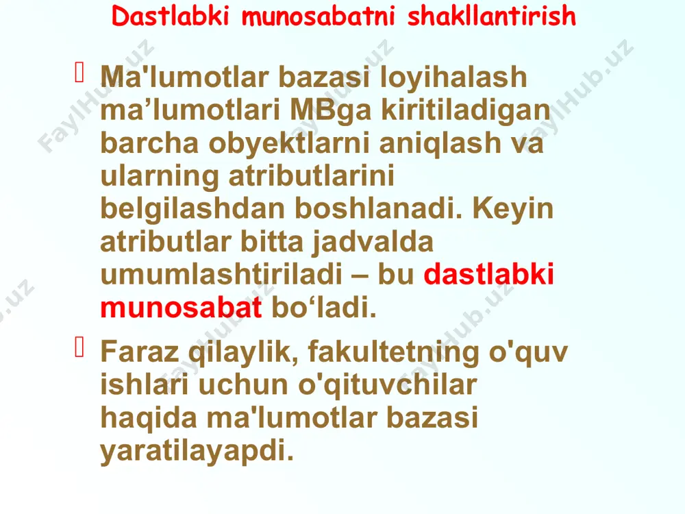 iz: r1 r2 r1 munosabatda birlamchi kalit tarkibiy bo'lib, fish, fan, guruh atributlaridan iborat. r2 munosabatda kalit fish. 2nf ga o'tish r2 jadvalidagi ma'lumotlarning oshkor ortiqchaligini - o'qituvchilar haqidagi ma'lumotlar satrlarni takrorlashni bartaraf etishga imkon berdi. r2 hali ham ma'lumotlarning oshkormas takrorlanishiga ega. fish fan guruh mashturi fish staj lavozim kaf maosh u_staj fish fan guruh mashturi aliyev a.n. mb 256 amaliy aliyev a.n. c++ 123 amaliy valiyev n.n. mb 256 ma’ruza valiyev n.n. ot 256 amaliy doliyev n.n. c++ 123 ma’ruza doliyev n.n. ot 256 ma’ruza salimov s.f. shk 244 ma’ruza fish lavozim maosh staj u_staj kaf aliyev a.n. o’qituvchi 500 5 100 25 valiyev n.n. katta o’qituvchi 800 7 100 25 doliyev n.n. o’qituvchi 500 10 150 25 salimov s.f. o’qituvchi 500 5 100 24 uchinchi normal forma ta’rif 1. munosabat 3nfda joylashgan bo'ladi, agar u 2nfda joylashgan bo'lsa va har bir kalit bo'lmagan atribut birlamchi kalitga tranzit …