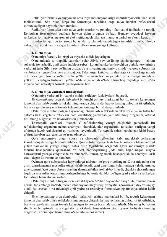 i ta'sirlanganida yuzaga chiqadi, qo‘zg‘alish uchlik nervdan uzunchoq miyada yuz nervi bilan til osti nervining motor yadrolariga o‘tadi. chaynash og‘iz bo‘shlig‘idagi retseptorlarining ta'sirlanishiga javoban refleks yo‘li bilan yuzaga chiqadigan harakat akti bo‘lib, paski jag‘ning yuqori jag‘ga nisbatan siljishidan iborat. r.magnusning ma'lumotlariga qaraganda ovqat chaynash markazi uzunchoq miyada, shuning uchun, bulbar hayvonlarda ovqat chaynash refleksini yuzaga chiqarish mumkin. talamus va miya po‘stlog‘ining motor zonalari butun bo‘lgandagina ovqat chaynash akti nozikroq boshqariladi. yutish murakkab koordinatsiyalangan reflektor akt bo‘lib, uning yuzaga chiqishida og‘iz bo‘shlig‘i, halqum va qizilo‘ngach bosh qismining kupgina muskullari qatnashadi. ovqat yutish akti ikki fazadan iborat: 1) ovqat lo‘qmasi shakllanib, halqum bo‘shlig‘iga yaqinlashtiriladi; 2) ovqat yutilib, halqum muskullari qisqaradi, ayni vaqtda tanglay pardasi ko‘tariladi, hiqildoq usti tog‘ayi (epiglottis) eta pastga tushadi. bu mexanizmnmng birinchi qismi ixtiyoriy ravishda, ikkinchi qismi ixtiyorsiz-sharsiz refleks yo‘li bilan boshqariladi. ovqat yutish aktida uchlik nerv, til-halqum nervi, va adashgan nervning afferent tizimlari qatnao‘adi. ovqat yutish markazi shu …