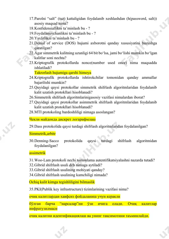 brid shifrlash usuli deb nimaga aytiladi? 33. gibrid shifrlash usulining mohiyati qanday? 34. gibrid shifrlash usulining kamchiligi nimada? ochiq kalit kimga tegishliligini bilmaslik 35. pki(publik key infrastructure) tizimlarining vazifasi nima? очиқ калитлардан хавфсиз фойдаланиш учун керакли бўлган барча “нарсалар”ни ўзи ичига олади. очиқ калитлар инфратузилмаси очиқ калитни идентификациялаш ва унинг тақсимотини таъминлайди. 36. odatda raqamli sertifikatda qanday ma’lumotlar bo‘ladi? foydalanuvchi nomi,uning ochiq kaliti,tashkilot imzosi 37. qaysi javobda pki arxitekturasining turlari to‘g‘ri keltirilgan? 38. x.509 sertifikatidan foydalanilga protokollar ro‘yxatini ko‘rsating? 39. ppp protokolining tarkibini qaysi protokolllar tashkil etadi? link control protocol authentication protocol network control protocol 40. ppp protokolida autentifikatsiyani qaysi protokollar amalga oshiradi? pap, eap, chap 41. pptp protokoling vazifasi nimadan iborat? tcp/ip ga asoslangan holda vpn yaratib malumotlarni xavfsiz almashish 42. tunellash nima? бу шахсий тармоқдаги бирор компьютерга пакетларни маршрутлаш орқали юбориш жараёни бўлиб, бошқа тармоқ маршрутизаторлари ушбу пакетларни бошқара олмайди. 43. gre protokolining kengaytmasini ko‘rsating? generic routing encapsulation …