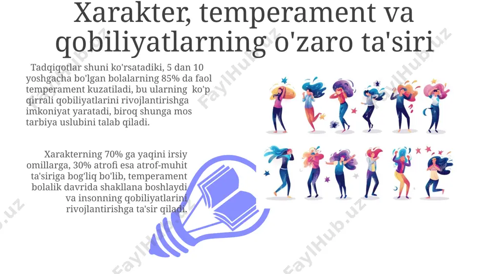 liyatlarni rivojlantirishga e'tibor qaratmoqda. temperamentni boshqarish usullari xavotirni boshqarish uchun 5-4-3-2-1 texnikasini qo‘llang: 5 ta ko‘rgan narsangizni, 4 ta his etgan narsangizni, 3 ta eshitgan narsangizni, 2 ta hidlagan narsangizni va 1 ta ta’mga ega bo‘lgan narsangizni sanab, hozirgi holatga e’tiboringizni qarating prokrastinatsiyani kamaytirish uchun pomodoro texnikasini sinab ko‘ring: 25 daqiqa ishlang, 5 daqiqa dam oling. bu tsiklni 4 marta takrorlang, so‘ngra uzoqroq tanaffus qiling. ushbu usul vaqtni samarali boshqarishga va ish unumdorligini toshkentda ham oshirishga yordam beradi. temperament: asosiy xususiyatlari 19-asrda rus olimi ivan pavlovning itlar ustida o‘tkazgan tajribalari temperamentning fiziologik asoslarini aniqlashga yordam berdi va shundan keyin dunyoning ko‘plab mamlakatlarida ushbu tadqiqotlar davom ettirildi. temperamentning asosiy xususiyatlaridan biri, 200 dan ortiq olimlar tomonidan o‘rganilgan va 4 ta asosiy tipga bo‘linishi (sanguinik, flegmatik, xolerik, melanxolik) bo‘lib, ularning har biri turli xil reaksiyalarni va munosabatlarni namoyon etadi. qobiliyatlarning turlari qobiliyatlarning 3 turi mavjud: jismoniy (masalan, tezlik, kuch, 5 km masofani …