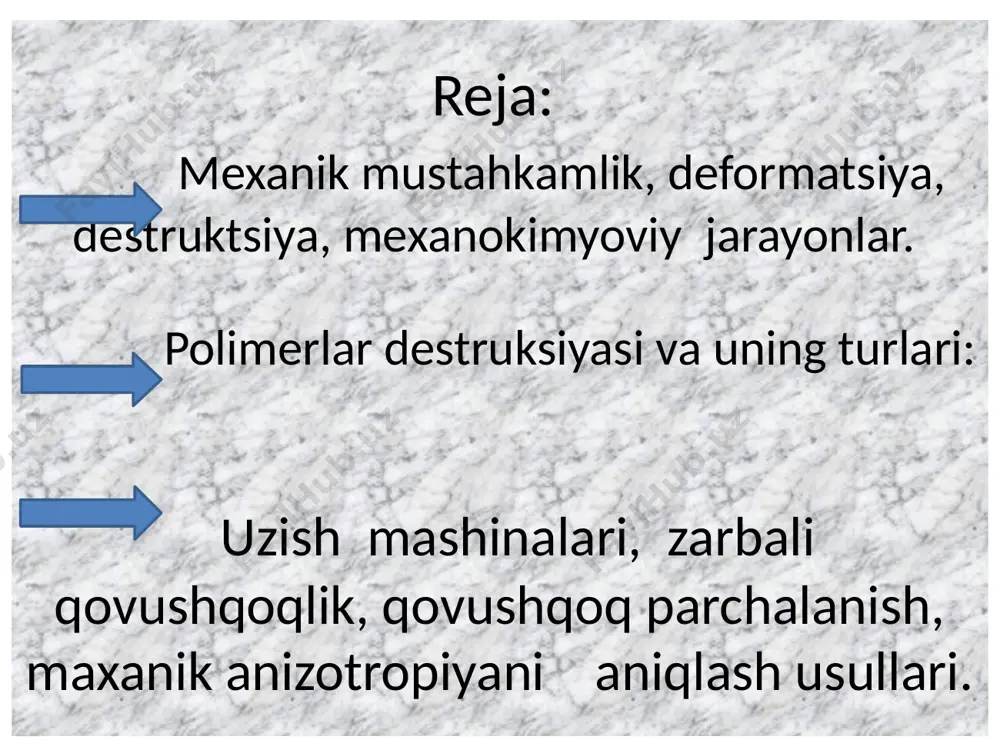 ε kiritilgan bo’lib, u absolyut deformatsiyani jismning boshlang’ich uzunligiga nisbati bilan aniqlanadi. deformatsiya hosil qiluvchi p kuchni shu kuch ta’sir etayotgan ko‘ndalang kesim yuzasi s ga nisbatan deformatsiya kuchlanganligi deyladi, ya’ni, l – qurilmadagi tayanch nuqtalar (prizma) orasidagi masofa p – egilish deformatsiyasini hosil qiluvchi kuch (og’irlik kuchi). p=m∙g e – elastiklik moduli a – sterjenning eni b – sterjenning qalinligi egilish o‘qi polimerlar destruksiyasi va uning turlari: polimer moddalar uzoq vaqt ishlatilishi, qayta ishlash va kimyoviy o’zgarishlar vaqtida turli o’zgarishlarga uchraydi. bunday o’zgarishlar natijasida makromolekulaning kimyoviy tarkibi deyarli o’zgarmaydi. makromolekuladagi asosiy bog’lar uzilib, molekulyar og’irligi kamayadi, bunday o’zgarishlarni destruksiya deyiladi. destruksiya kimyoviy destruksiya – suv, kislota, tuz, kislorod, peroksid va boshqalar: fizikaviy destruksiya – issiqlik, yorug’lik, radiatsiya, ultratovush . biologik destruksiya – chirish va xakozolar kimyoviy destruksiya: polimerlarning kimyoviy destruksiyasi odatda katalizator ishtirokida turli muhitda sodir bo’ladi. agar muhit sifatlaridan foydalanilsa gidroliz, spirtli muxitda olib borilsa alkogoliz, kislotali muxitda …