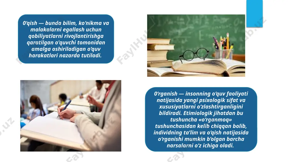 qilish; — o‘qitish usullari va texnikasi: muloqot, keys stadi, muammoli usul, o‘rgatuvchi o‘yinlar, «aqliy hujum», insert, «birgalikda o'rganamiz», pinbord, ma’ruza (kirish ma’ruzasi, vizual ma’ruza, tematik, ma’ruza-konferensiya, aniq holatlarni yechish, avvaldan rejalashtirilgan xatoli, sharhlovchi, yakuniy)lardan foydalanish; — o‘qitishni tashkil qilish shakllari: frontal, kollektiv, guruhiy, dialog, polilog va o‘zaro hamkorlikka asoslanish; — o‘qitish vositalari: odatdagi o‘qitish vositalari (darslik, ma’ruza matni, tayanch konspekti, kodoskop)dan tashqari grafik organayzerlar, kompyuter va axborot texnologiyalaridan foydalanish; — o‘zaro aloqa vositalari: nazorat natijalarining tahlili asosida o‘qitishning diagnostik (tashxis) usullarini qo‘llash; — o‘quv mashg'ulotini texnologik karta ko'rinishida rejalashtirish o‘quv mashg‘ulotining bosqichlarini belgilab, qo‘yilgan maqsadga erishishda o‘quvchi va o‘qituvchining hamkorlikdagi faoliyatini talabalarning auditoriyadan tashqari mustaqil ishlarini aniqlab beradi. shunga ko‘ra boshqarishning samarali usuli va vositalaridan foydalanish; — monitoring va baholash. 0‘quv mashg‘uloti va butun kurs davomida o‘qitish natijalarini kuzatib borish, o‘quvchi faoliyatini har bir mashg‘ulot va yil davomida reyting asosida baholash muhim sanaladi. pedagogik baho psixologiyasi. bolalar ta’limi va tarbiyasining …