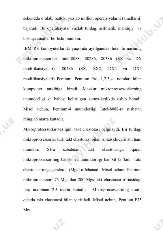 ibini belgilovchi uchlar va ular orasidagi bog‘lanishlardir. uchlar to‘rt xilga bo‘linadi: boshlanish uchi, operator uchi, shart uchi, tamom uchi. odatda g‘ar xil qurilmalarni loyihalashda avvalo mazmunli ags tuziladi. bunday ags dagi operator va shart uchlarining ichida mikroamallar va mantiqiy shartlar mazmunli terminlarda yozilgan bo‘ladi. har qanday mikroprotsessor aniq sondagi elementlardan tashkil topgan, bo‘larga :1)xotira 2)registr 3) arifmetik mantiqiy qurilma 4)boshqarish qurilmasi. 1) xotira – operativ xotira bilan arifmetik mantiqiy qurilma orasidagi yordamchi kesh xotira bo‘lib, asosiy vazifasi operativ xotiraning ma’lumotlarni o‘qib arifmetik mantiqiy qurilmaga uzatishdir. 2) registr – mikroprotsessorda bajarilayotgan ichki ma’lumotlar xotira adreslari va bajarayotgan buyruqlarni vaqtinchalik saqlash uchun xizmat qiladi. 3) arifmetik mantiqiy qurilmada asosan ma’lumotlarni arfmetik va mantiqiy qayta ishlashni amalga oshiradi. 4) boshqarish qurilmasi – mikroprotsessorning ichki ish rejimida zarur bo‘ladigan boshqaruvchi signallarni va tashqi qurilmalar bilan shinalar orqali mikroprotsessor orqali aloqani ta’minlovchi signallar vaqtinchalik diagrammalarni ishlab chiqaradi. arifmetik mantiqiy qurilma tarkibi o‘z novbatida butun sonli …