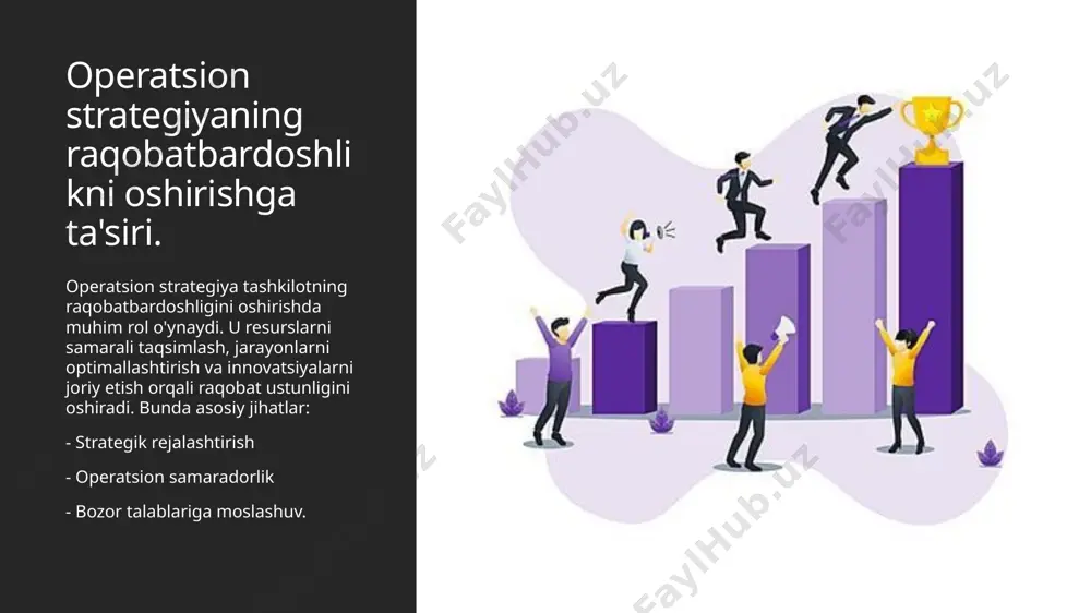 ardosh ustunlik beradi. raqobatchilar bilan solishtirganda, samarali operatsion tizimlar tezroq va samaraliroq natijalarga erishadi. xulosa 01 operatsion strategiyaning ahamiyati operatsion strategiya tashkilotning umumiy maqsadlari bilan uyg‘un bo‘lishi kerak. bu, samaradorlikni oshirish va raqobatbardoshlikni ta'minlaydi. 02 strategik rejalashtirish jarayoni strategik rejalashtirish operatsion tizimlarni rivojlantirishda muhim rol o‘ynaydi. u tashkilotning maqsadlariga erishishda yo‘l xaritasini belgilaydi. 03 samaradorlik va muvaffaqiyat samaradorlikni oshirish orqali tashkilotlar o‘z raqobatbardoshligini kuchaytira oladi. bu esa, muvaffaqiyatli biznes faoliyatini ta'minlaydi. e'tiboringiz uchun rahmat! image1.jpeg image2.jpeg image3.jpeg image4.jpeg