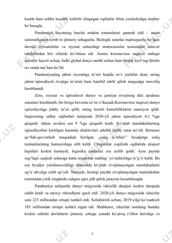 rining xilma-xilligi. kurs ishi predmeti: pandemiya davridagi iqtisodiy inqiroz sharoitida mulk shakllarining xilma-xilligi. mulk shakllarining tengligi va ularning oʻzaro dialektikasi. kurs ishining amaliy ahamiyati. kurs ishi jarayonida ilgari surilgan fikrlardan, yondashuvlardan hamda samaradorligini ta’minlovchi kurs ishi natijalaridan pedagogik fanlar bo‘yicha ma’ruzalar tayyorlash, qo‘llanmalar yaratish, shuningdek metodik tavsiyanomalar yaratishda, ish tajribalarini ommalashtirishda samarali foydalanishga xizmat qiladi. kurs ishining tarkibiy tuzilishi va hajmi: bajarilgan kurs ishi kirish qismi, asosiy qism va qilingan xulosalardan iborat. ishda o’rganilishi e’tiborga olingan ma’lumotlar tushunarli ravishda ifodalash uchun chizma jadvallar va rasmlar berildi.ishga qo’yilgan maqsadga erishishi uchun to’plangan adabiyotlar manbalarning nomlari va elektron manzillari keltirildi. 1.pandemiya davridagi iqtisodiy inqiroz sharoitida mulk shakllarining xilma-xilligi. 2020 yil 30 yanvarda jahon sog‘liqni saqlash tashkilotining bosh direktori yangi koronavirusning (covid-19) avj olishini xalqaro ahamiyatga ega bо‘lgan, ommaviy sog‘liqni saqlash sohasidagi favqulodda holat deb e’lon qildi[footnoteref:1]. [1: who, who director-general's statement on ihr emergency committee on novel coronavirus (2019-ncov), 30 january 2020, …