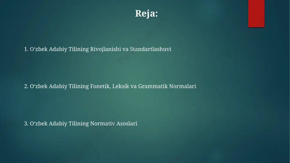 n etilgan. rasmiy hujjatlarda (masalan, qonunlar, farmonlar) ishlatiladigan uslubiy meʼyorlar, 1990-yildan keyin 3 ta asosiy til qoidasiga qatʼiy rioya qilishni taqozo etadi. oʻzbek adabiy tilining tarixiy rivojlanishi xv-xvi asrlarda samarqand va buxoro shaharlarida oʻzbek adabiy tilining shakllanishida turkiy adabiyot namunalari va fors-tojik adabiyoti ta’siri sezilarli boʻlgan. 1920-yillarda lotin grafikasiga oʻtilishi oʻzbek adabiy tilining rivojlanishiga katta turtki berdi va turkiston hududida tilning yagona standartini yaratishga hissa qoʻshdi. xix asrning ikkinchi yarmi – xx asr boshlarida yangi uslubdagi adabiyot namoyandalari 2000 dan ortiq soʻz va iboralarni oʻzbek tiliga kiritdilar. oʻzbek adabiy tilining zamonaviy holati va istiqbollari oʻzbek adabiy tilining lugʻaviy boyligi 50 000 dan ortiq soʻz va iboralarni oʻz ichiga olib, samarqand, buxoro kabi tarixiy shaharlarning til madaniyatiga ham taʼsir koʻrsatgan. 21-asrda oʻzbekistonda oʻzbek adabiy tilining rivojlanishiga axborot texnologiyalari, xususan, internet va ijtimoiy tarmoqlar kuchli taʼsir koʻrsatmoqda, yangi soʻzlar va atamalar paydo boʻlmoqda. oʻzbekiston respublikasining davlat tilini rivojlantirish va takomillashtirish boʻyicha 2025-yilgacha …