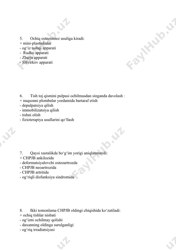hliqlarini rentgenografiyasi - reografiya - qon analizi - bioximiya tekshiruvlari - biopsiya 13. ko‘rsatilganlardan qaysi belgi gaymorit kasalligiga xos emas: + ko‘zdan yosh oqishi - ko‘z osti soxastdagi og‘riq - burunning kasal tomondan bitishi - tishlanganda yuqori jag‘ tishlarining og‘rishi - xid bilishning buzilishi 14. o‘tkir odontogen gaymoritni qaysi kasalliklar bilan qiyosiy tashxislash kerak: + o‘tkir periodontit - radikulyar kistalar - yuqori jag‘ xavfli o‘smalari - burun tusig‘i qiyshiqligi - follikulyar kistalar 15. gaymorit kasalligini radikal davolashda qo‘llaniladigan usul: + denker - kovtunovich - vasilev - paches - kulikovskiy 16. gaymor bo‘shlig‘i perforatsiyasini plastikasida laxtakni olinadigan soxani ko‘rsating: + alveolyar o‘siq vestibulyar yuzasidan - og‘iz daxlizidan - til ostidan - tildan - yuqorigi labdan 17. qaysi tishlarni olish ko‘proq gaymor bo‘shlig‘i tubini perforatsiyasiga olib kelishi mumkin: + 6/6 - 2/2 - 8/8 - 4/4 - 5/5 18. gaymor bo‘shlig‘i tubini perforatsiyasiga olib keluvchi omil: + asbob- uskunalar noto‘g‘ri ishlatilganligiga - …