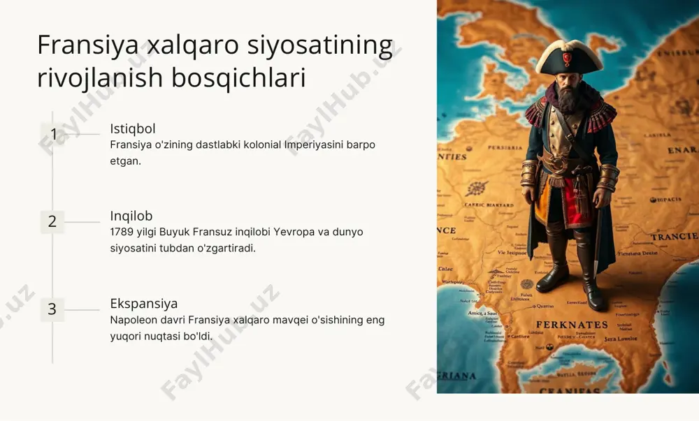 1919 yildagi versail traktati yevropadagi yangi tartibni belgilab berdi. ittifoklar fransiya 1920-30 yillarda iqtisodiy yoki harbiy ittifoklar tuzdi. kelishuvlar 1930 yillarda germaniya va sssr bilan tuzilgan kelishuvlar fransiya xalqaro siyosatiga ta'sir ko'rsatdi. ikkinchi jahon urushi va fransiya xalqaro holati boshlangan fransiya ii jahon urushiga majburiy ravishda jalb etildi. okkupatsiya fransiya qismlari germaniya va italiya tomonidan ishg'ol etildi. ozodlik fransiya qutilib chiqdi va siyosiy-iqtisodiy qayta tiklandi. ittifoqlar fransiya g'arb davlatlari va sssr bilan aloqalarni qayta tikladi. fransiya xalqaro siyosatida 1947-1958 yillar 1 2 3 qutilib chiqish g'arblashish qayta tiklash fransiya iqtisodiyoti va siyosiy tizimi yangilanish yo'lidan bordi. fransiya janubiy evropada mustahkamlandi va nufuzi oshdi. fransiya g'arb davlatlari bilan yaqinlashib, yevropa integratsiyasi jarayonida faol ishtirok eta boshladi. fransiya xalqaro siyosatida 1958 yildan hozirgi kunga qadar janubiy yevropa yevropa birligi xalqaro tashkilotlar fransiya mdh mamlakatlari bilan aloqalarini mustahkamladi fransiya yevropa loyihalarida faol qatnashib, uning yetakchi davlatiga aylandi fransiya bmt, nato va boshqa xalqaro …