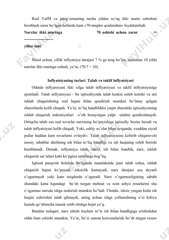 ada narx yana osha boshlaydi. talab inflyatsiyasini cheklash uchun esa maxsus chora-tadbirlar ko’rish zarur bo’ladi. inflyatsiya darajasi yuqori bo’lgan mamlakatlarda ishlab chiqarishning haqiqiy hajmi qisqarishi bilan bir vaqtda nominal hajmining ortib borishi kabi vaziyat sodir bo’ladi. daromadlarni ishlab chiqarish tomonidan ta’minlanmagan o’sishi aholi qo’lidagi pulning taklif qilinayotgan tovar va xizmatlardan oshiqchaligiga olib keladi. bunday hol pul birligining xarid quvvatini pasaytiradi, bir miqdordagi pulga joriy yilda o’tgan yildagiga nisbatan aholi kamroq mahsulot sotib oladi, ya’ni, uning real daromadi kamayadi. misol uchun, joriy yilda aholining nominal daromadlari 30% ga ko’paygan, narxlar darajasi 50% ga oshgan bo’lsa, unda aholining real daromadlari 20% ga kamaygan bo’ladi. chunki, narxlarning o’sishi aholi pul daromadlarining o’sishidan yuqori bo’lgan (30% - 50%= 20%). taklif inflyatsiyasi - bu mamlakat iqtisodiyotida tovar va xizmatlar taklifining kamayishi natijasida tovar va xizmatlar narxlarining oshishidan paydo bo’ladi. bunday hollarda ortiqcha talab bo’lmasa ham tovarlarning narxlari oshib boradi. hatto ish bilan bandlik va yaim …
