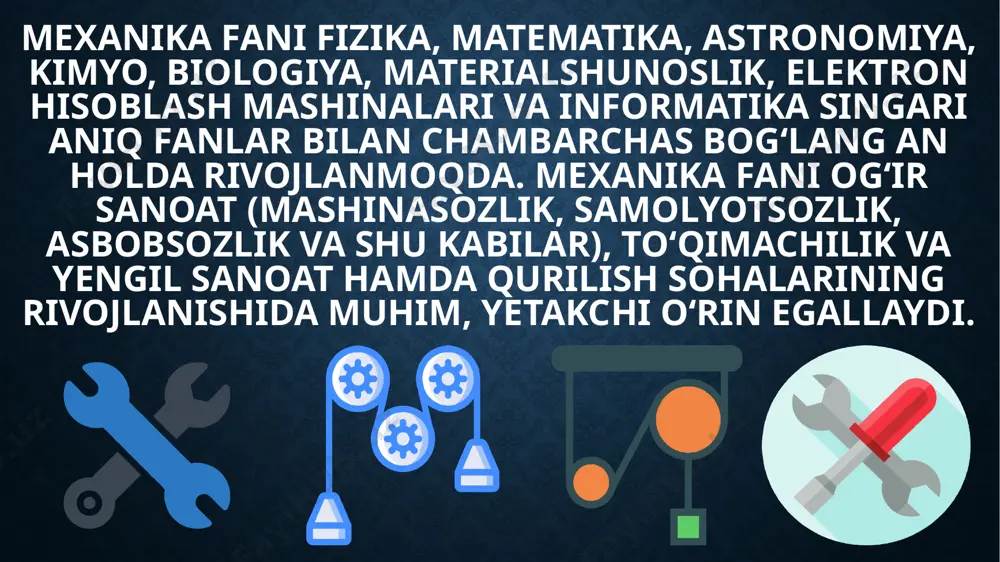 atikaning asosiy tushunchasi ob’ektning holati va bu pozitsiyaning o’zgarishidir. pozitsiya ob’ektning sanoq jismga nisbatan joylashishini anglatadi. yo’l ob’ektning boshlang’ich va tugash nuqtalari orasidagi umumiy masofani anglatadi. matematik jihatdan holati va yo’l vektor sifatida ifodalanadi. tezlik: tezlik — vaqt birligida jismning holatini o’zgartirishdir. bir soniyali tezlik — ob’ektning ma’lum bir momentdagi tezligi, doimiy o’zgaruvchan harakatda esa o’rtacha tezlikni hisoblash mumkin. tezlik vektor miqdori bo’lib, u kattalik (miqdor) va yo’nalishni o’z ichiga oladi. tezlanish: tezlanish — bu jism tezligini o’zgartirish birligi. tezlanish vaqtga nisbatan tezlikni chiqarish orqali olinadi. ijobiy tezlanish tezlikning ortib borayotganligini, salbiy tezlanish esa tezlikning kamayib borayotganini ko’rsatadi. tezlanish vektor kattalik bo’lib, tezlikning o’zgarishni ifodalaydi. egri chiziqli harakat: ob’ektning yo’li to’g’ri bo’lmasligi mumkin. bunday holda, egri chiziqli kinematik kiradi. egri chiziqli harakat ob’ektning ma’lum bir orbita bo’ylab harakatlanishini anglatadi. bunday harakatlarda holati, tezlik va tezlanish vektor miqdorlar sifatida ifodalanadi. e’tiboringiz uchun rahmat !!! image2.png image3.png image4.png image5.png image6.png image7.png image8.png …