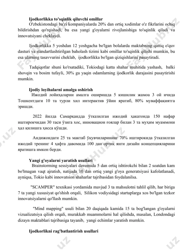 an baholash tizimi kabi omillar to'sqinlik qilishi mumkin, bu esa ularning tasavvurini cheklab, ijodkorlikka bo'lgan qiziqishlarini pasaytiradi. tadqiqotlar shuni ko'rsatadiki, tokiodagi katta shahar muhitida yashash, balki shovqin va bosim tufayli, 30% ga yaqin odamlarning ijodkorlik darajasini pasaytirishi mumkin. ijodiy loyihalarni amalga oshirish ижодий лойиҳаларни амалга оширишда 5 кишилик жамоа 3 ой ичида тошкентдаги 10 та турли хил интерактив ўйин яратиб, 80% муваффақиятга эришди. 2022 йилда самарқандда ўтказилган ижодий ҳакатонда 150 нафар иштирокчидан 30 таси ўзига хос, инновацион ғоялар билан 3 та муҳим муаммони ҳал қилишга ҳисса қўшди. андижондаги 25 та мактаб ўқувчиларининг 70% иштирокида ўтказилган ижодий тренинг 4 ҳафта давомида 100 дан ортиқ янги дизайн концепцияларини яратишга имкон берди. yangi g'oyalarni yaratish usullari brainstorming sessiyalari davomida 5 dan ortiq ishtirokchi bilan 2 soatdan kam bo'lmagan vaqt ajratish, natijada 10 dan ortiq yangi g'oya generatsiyasi kafolatlanadi, ayniqsa, tokio kabi innovatsion shaharlar tajribasidan foydalanilsa. "scamper" texnikasi yordamida mavjud 3 ta mahsulotni tahlil …