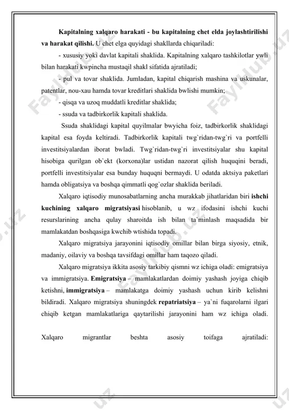 ing hisoblanadi. xalqaro injiniring bir davlat tomonidan boshqasiga sanoat va boshqa ob`ektlarni loyihalashtirish va qurish jarayoniga kerakli hisob-kitob loyihalarini berish hamda injenerlik-qurilish xizmati kwrsatishdan iborat bwladi. jahon infratuzilmasi. tovarlar, ishchi kuchi, moliyaviy vositalarning milliy chegaralar orqali twxtovsiz wsib boruvchi harakati butun jahon infratuzilmasining rivojlanishi va takomillashuvini tezlashtiradi. muhim transport tizimi (dengiz, daryo, havo, temir ywl transporti) bilan bir qatorda jahon iqtisodiyotining rivojlanishida axborot kommunikatsiyalar tarmog`i tobora kwproq ahamiyat kasb etib boradi. munosib umumjahon infratuzilmasi bwlmasa, hozirgi ishlab chiqaruvchi kuchlarning baynalminallashuvini rivojlantirib bwlmaydi. bunday infratuzilmaning ayrim tarkibiy qismlari jahon savdosi vujudga kelayotgan, jahon bozori tashkil topayotgan vaqtda paydo bwlgan. hozirgi davrda birjalar, moliya markazlari, yirik sanoat va savdo birlashmalari misli kwrilmagan tezlik bilan operativ ma`lumotlar olishga va ularni ishlab chiqishga imkon beruvchi eng yangi texnik vositalar bilan jihozlangan. rivojlangan mamalakatlarda keng tarmoqli axborot majmuasi tashkil topmoqda, uning ta`siri amalda iqtisodiyotning barcha tarmoqlari va sohalariga yoyilmoqda. hozirgi sharoitda ilmiy va tijorat axborotlar …