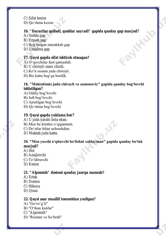 1. quyidagi gaplarning qaysi birida to‘ldiruvchi mavjud emas? a) o‘quvchilar yangi mavzuni diqqat bilan tinglashdi. b) maktab bog‘ida turli gullar ochildi. c) u o‘z kitobini do‘stiga berdi. d) men bugun sport bilan shug‘ullandim. 2. qaysi gapda aniqlovchi mavjud? a) do‘stlarim bilan parkda sayr qildik. b) o‘zbek tili davlat tili hisoblanadi. c) kitob insonning eng yaqin do‘sti. d) kechagi suhbat juda qiziqarli o‘tdi. 3. "uning xatosini kechirishdi" gapida qanday to‘ldiruvchi bor? a) to‘g‘ri to‘ldiruvchi b) bilvosita to‘ldiruvchi c) qo‘shimcha to‘ldiruvchi d) hol to‘ldiruvchi 4. qaysi gapda bog‘lovchi ishtirok etmagan? a) men kecha dars qildim va dam oldim. b) kitob do‘st kabi foydalidir. c) u juda ko‘p kitob o‘qiydi, lekin hikoya yoza olmaydi. d) men uyga kelgach, dars tayyorlashni boshladim. 5. "maktabimiz juda katta va chiroyli" gapida qanday aniqlovchi bor? a) sifat aniqlovchi b) belgisiz aniqlovchi c) son aniqlovchi d) olmosh aniqlovchi 6. "sinfda tinchlik o‘rnatildi" gapida qanday bo‘lak mavjud emas? a) …