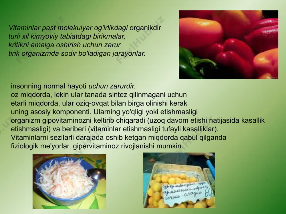 ksidlanishini oldini oladi, fermentlar sinteziga ta'sir qiladi. faol antioksidant eruvchanligi bo'yicha suvda yoki yog'da barcha vitaminlar bo'lmoq ikki guruhga: suvda eriydi yog'da eriydi (b1, b2, b6, pp, c va boshqalar) (a, e, d , k). suvda eriydigan vitaminlar barcha vitaminlar muhim ahamiyatga ega. boshqa vitaminlarning ahamiyatini kamsitmasdan, keling, ayniqsa, oldini olish haqida to'xtalib o'tamiz. millionlab odamlarning sog'lig'iga eng katta zarar etkazadigan ikkita vitamin etishmasligi odamlarning. bu beriberi c va b. vitamin c, askorbin kislota vitaminlardan ustun vitamindir. u to'g'ridan-to'g'ri bog'langan yagona odam protein almashinuvi bilan. kichik askorbin kislotasi - sizga ko'p protein kerak. aksincha, yaxshi askorbin ta'minoti bilan kislota minimal miqdorda protein bilan olishi mumkin. c-avitaminozning oldini olish uchun askorbin kislotaning katta dozalari talab qilinmaydi, kuniga 20 mg etarli. tanadagi optimal ichki muhitni yaratadi, qodir ko'plab salbiy ta'sirlarga qarshi turadi, hissa qo'shadi kuniga 20 mg etarli. tanadagi optimal ichki muhitni yaratadi, qodir ko'plab salbiy ta'sirlarga qarshi turish, yuqori ishlashga yordam …