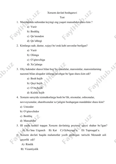xorazm davlati boshqaruvi – test — DOCX