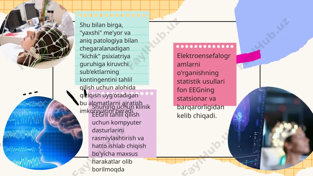 h terisi yuzasida(boshning orqa qismida,vertex) quloqlarning, burun ko'prigining yoki ba'zi nuqtalardir. ma'lumotlarni tahlil qilish. electroencephalogram vaqtinchalik chastota mekansal chastotali tahlil qilish chastota diapazonlari bo'yicha ma'lumotlarni guruhlashdan iborat: delta, teta, alfa, beta. vaqtinchalik grafikdagi eeg va vp ma'lumotlarini aks ettirish variantidir, vaqt gorizontal o'qda va amplituda vertikal ravishda o'rnatiladi. vaqtinchalik tahlil umumiy potentsiallarni, vp tepaliklarini, epileptik chiqindilarni baholash uchun ishlatiladi. mekansal tahlil eegni turli xil yo'llardan taqqoslashda turli xil statistikishlov berish usullaridan foydalanish bilan bog'liq. eng ko'p ishlatiladigan usul — izchil hisoblash. values lorem ipsum dolor sit amet, consectetur adipiscing elit. sed non orci hendrerit augue interdum lacinia at egestas dolor. vivamus elementum pulvinar tempus. brand identity mission vision lorem ipsum dolor sit amet, consectetur adipiscing elit. sed non orci hendrerit augue interdum lacinia at egestas dolor. vivamus elementum pulvinar tempus. lorem ipsum dolor sit amet, consectetur adipiscing elit. sed non orci hendrerit augue interdum lacinia at egestas dolor. vivamus elementum …