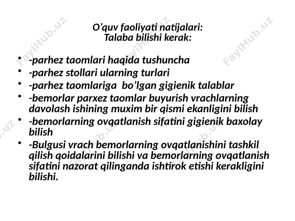 rlarni ovqatlanishida foydalaniladigan davolovchi-parhezli stollarga qisqacha ta’rif (stolning №, patologiya turi, ovqatning o’ziga xos xususiyatlari). 3.muayyan patlogiya uchun bemorga 1 kun uchun tuzilgan taomnoma (patologiya turi talabaning hoxishiga muvofiq tanlanadi). 4.kasalxona ovqatxonasining tarkibi va jihozlanishi. 5.ovqatxonada taomlarni tayyorlash va tarqatish qoidalari. 6.bemorlarning ovqatlantirishni nazorat qilish bo’yicha vrach va hamshiraning vazifalari. testlar 1. dpm bemorlarning ovqatlantirish sifatiga kim javobgar: a. katta hamshira b. palata shifokori v. bosh shifokor* g. oshpaz* d. shifokor dietolog yoki hamshira dietolog 2. agar ovqat ratsionida oqsil, yog’, uglevodlar nisbati 1:1,6:3,1 bo’lsa, insonning ovqatlanish sifatiga 3 ta tavsif bering: a. ovqatlanish adekvat emas, muvozanatlashmagan* b. oqsillar ko’p v. yog’lar me’yoridan ortiq* g. oqsillar tanqis d. uglevodlar tanqis* 3.katta yoshdagi odamning ovqat ratsionidagi oqsil miqdori 150 g bo’lsa, uning ovqatlanishini adekvat deb hisoblasa bo’ladimi: a. katta yoshdagi odamning oqsilga bo’lgan ehtiyoji 1 kg vaznga 1,5 g tashkil etadi* b. katta yoshdagi odamning oqsilga bo’lgan ehtiyoji 1 kg vaznga …