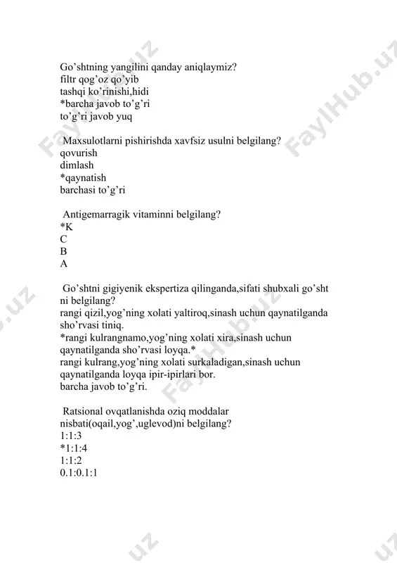 ar mahkamasining 2015 yil 25-apreldagi qarori nima haqida? *o’zb.resp. aholisining sog’lom ovqatlanish soxasida amalga oshirilayotgan chora tadbirlarni yanada takomillashtirish to’g’risida? o’zb.resp.aholisining o’rtasida oits ni oldini olish haqida. o’zb.resp.aholisining ayollar orasida uchraydigan kasalliklarni oldini olish. to’g’ri javob yuq. 1kunlik ovqatlanish miqdori necha maxalni tashkil etadi? 3maxal 5maxal *4maxal 1maxal . ….. fanining eng muhim vazifasi yurak-qon tomir kasalliklari,yuqumli kasalliklar,toksikoinfeksiyalar,,vitamin yetishmovchiligi kasalliklarda ratsional ovqatlanishning ahamiyatini o’rganadi. *ovqatlanish gigiyenasi anatomiya fiziologiya xirurgiya aholi sog’lig’ini saqlash va sog’lomlashtirish yuzasidan sanitariya profilaktik tadbirlarni rejalashtirish va amalga oshirish,mamalakat sanitariya-epidemiologiya holati ustidan nazorat yuritish ……… zimmasiga yuklatiladi? poliklinika *dsenm to’g’ri javob yuq. korxona oqsil yetishmaganda kuzatiladigan o’zgarishlarni belgilang? markaziy asab tizimida o’zgarishlar,ko’rish pasayadi. *vitamin yaxshi o’zlashtirilmaydi,bolalar o’sish rivojlanishdan orqada qoladi. suyaklarda o’zgarish kuzatiladi. to’g’ri javob yuq. oqsilga boy mahsulotni belgilang? *tuxum,brinza,sut non,kartoshka,makaron smetana,tvorog,xayvon yog’lari. barcha javob to’g’ri. uglevodga boy mahsulotni belgilang ? tuxum,brinza,sut *non,kartoshka,makaron smetana,tvorog,xayvon yog’lari. barcha javob to’g’ri. organizmda ca ning vazifasi ? *suyak tayanch to’qimalarning …