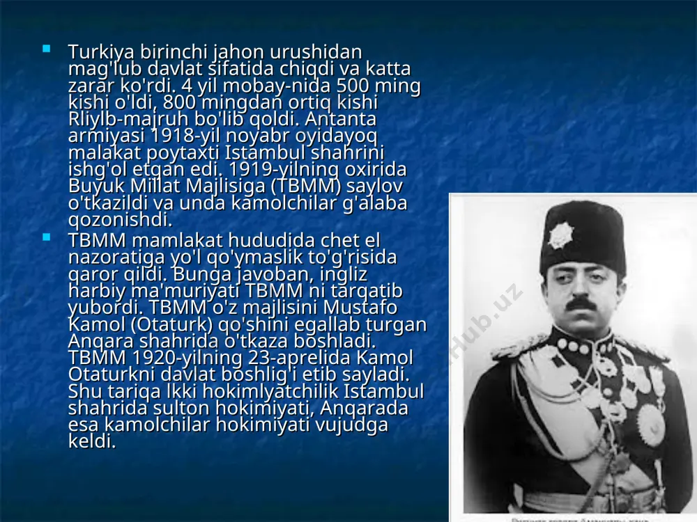 siyosatiga ta'sir ko'rsatmay qolmadi. chunonchi, 1944-yil avgustda turkiya germaniya bilan diplomatik uumosabatlarini uzdi. ayni paytda u aqsh, buyuk britaniya va liansiya bilan yaqinlasha boshladi. bu yaqinlashuv 1945-yilning fevralida (germaniyaga qarshi urush e'lon qilishga olib keldi. biroq turkiya urush harakatlarida qatnashmadi. eron bu davrda eron amalda buyuk britaniya va podsho rossiyasining yarim mustamlakasi edi. sovet davlati 1917-yilning 3-dekabrida podsho hukumatining eronga majburan qabul qildirgan shartnomalaridan voz kechdi. rus qo'shinlari evakuatsiya qilindi. buyuk britaniya esa 1918-yilning boshlarida eronni butunlay ishg'ol etishga kirishdi. inglizlarni birinchi navbatda eron nefti va o'rta osiyo paxtasi qiziqtirardi. bundan ko'zlangan maqsad eronni yarim qaram holatda saqlashni davom ettirish va milliy-ozodlik harakatlari-ning hindistonga tarqalishiga yo'l qo'ymaslik edi. buyuk britaniya 1919-yilning 9-avgustida eron hukumatini tengsiz shartnoma imzolashga majbur etdi. vosiq ud-davla bunga qarshilik qilolmadi. unga ko'ra, armiya, moliya, tashqi savdo, yoi qurilishi nazorati ingliz maslahatchilari qoiiga o'tdi. biroq eron xalqi yarim mustamlaka holatiga ko'nikmagan, albatta. 1919-yildan mamlakatda milliy-ozodlik kurashi boshlandi. …