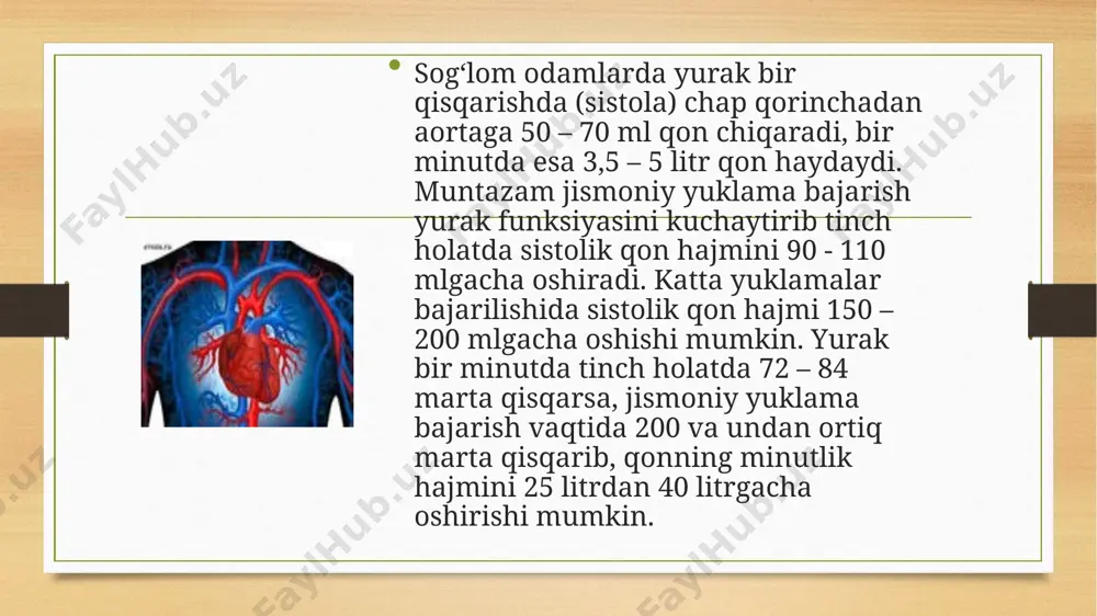 arining va o‘tkazilgan funksional sinamalarning natija-lari imkon beradi. yurak-qon tomir sistemasining funksional sinamalari 1.martine (bir bosqichli) – 30 sekund davomida 20 marta to‘liq o‘tirib turish bilan bajariladi. sinmama yordamida yurak-qon tomir sistemasining funksional holati baholanadi va berilayotgan jismoniy yuklamaga yurak-qon tomir sistemasi tomonidan javob reaksiya turlari aniqlanadi. -normatonik -gipertonik -gipotonik -distonik -maksimal qon bosimining pog‘anasimon ko‘tarilishi martine sinamasi – 30 sekund davomida 20 marta to‘liq o‘tirib turish. sinamagacha tekshiriluvchining pulsi har 10 sekuntda stabillashguncha o‘lchana-di (bir xil son 3 marta ketma-ket qaytarilguncha), so‘ngra qon bosimi o‘lchanadi. keyin manjetani yechmasdan, tekshiriluvchi 30 sekund davomida 20 marta to‘liq-o‘tirib turadi. o‘tirish vaqtida qo‘llarini oldinga ko‘taradi. letunov sinamasi sportchi organizmining tezkor ish bajarishga va chidamlilikka moslashuvini baholash uchun qo‘llaniladi. sinamani bajarishda quyidagi 3 ta bosqich ketma-ketlikda qo‘llaniladi : 1. 30 sekund davomida 20 marta o‘tirib-turish. 2. 3 minutdan so‘ng turgan joyida 15 sekund davomida maksimal tempda yugurish. 3. 4 minutdan so‘ng 3 minut davomida …