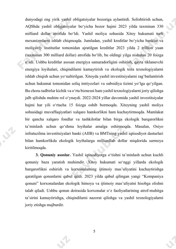 rasida korxonalar o‘z faoliyatlarining atrof-muhitga ta’sirini kamaytirishga, chiqindilarni nazorat qilishga va yashil texnologiyalarni joriy etishga majburdir. bundan tashqari, 2022-2024 yillarda qabul qilingan “energiya samaradorligi to‘g‘risidagi qonun” energiya tejashni rag‘batlantirish, energiya resurslaridan oqilona foydalanishni ta’minlash va ekologik standartlarni kuchaytirishga yo‘naltirilgan. ushbu qonun doirasida korxonalarga energiya iste’molini kamaytirish bo‘yicha aniqlangan maqsadlar belgilandi va ularning bajarilishi muntazam nazorat qilinmoqda. xitoy hukumatining ekologik qonunchiligi shuningdek, chiqindilarni boshqarish va qayta ishlashni tartibga soluvchi qoidalarni ham o‘z ichiga oladi. 2023 yilda qabul qilingan “chiqindilar to‘g‘risidagi qonun” chiqindilarni kamaytirish, ularni qayta ishlash va qayta foydalanishni majburiy qildi. bu qonun orqali sanoat korxonalari chiqindilarni boshqarish tizimini modernizatsiya qilishga majbur qilindi. yuqorida qayd etilgan qonun va normativ hujjatlar xitoyda yashil iqtisodiyotga o‘tish jarayonini huquqiy jihatdan mustahkamlab, korxonalar va tashkilotlarning ekologik mas’uliyatini oshirishga xizmat qilmoqda. qonuniy asoslar va hujjatlar 2023 yilda xitoy yashil sanoat yo’nalishlari sohasida o‘zining qonuniy asoslarini va moliyaviy mexanizmlarini yanada mustahkamlashga katta e’tibor qaratdi. bu borada hukumat …