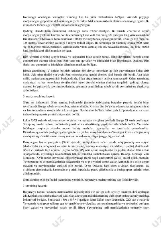 stadionlar rimning har bir yirik shaharlarida bo‘lgan. aravada poygaga mo‘ljallangan gippodrom deb nomlangan yirik sirkus maksimum inshooti alohida ahamiyatga egadir. bu inshoot o‘z tribunasiga 250000 tomoshabinni sig‘dirgan. qadimgi rimda term (hammom) inshootiga katta e’tibor berilgan. bu suzish, cho‘milish uchun mo‘ljallangan yirik suv havzasi bo‘lib, eramizning i asri va ii asri oralig‘ida qurilgan. eng yirik va mashhur dioklentana va karakalla termi taxminan 120000 m2 maydonda joylashgan bo‘lib, uzunligi 337 metr, eni 338 metrni, devorlarining qalinligi 6 metrni tashkil qilgan. bu termlarga bir vaqtning o‘zida 3000 odam sig‘ib, ular cho‘milish, parlanish, uqalash, dush, vanna qabul qilish, suv havzasida (sovuq, iliq, issiq) suzish kabi muolajalarni olish mumkin bo‘lgan. rim termlari o‘zining ajoyib bezak va uskunalari bilan ajralib turadi. bino devorlarini bezash uchun qimmatbaho marmar ishlatilgan. rim yana suv quvurlari va isitkichlar bilan jihozlangan. qadimiy rim shahri suv quvurlari va isitkichlar bilan ham mashhur bo‘lgan. rimda eramizning iv asridan boshlab, xristian dini davlat tomonidan …