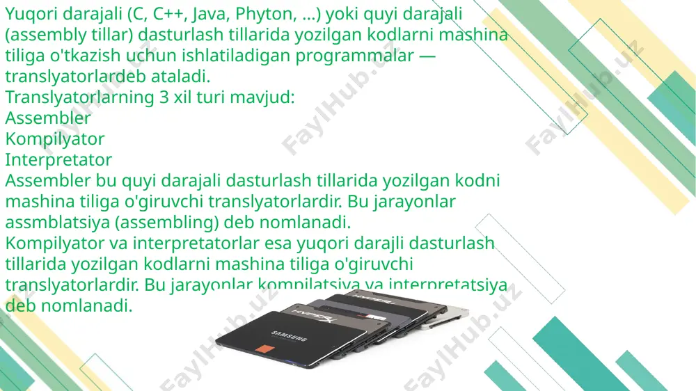 hiliklar asosan terminlarning tushunmasligimizdan kelib chiqadi. dasturlash jarayonida dasturchi o'z dasturini yaratish uchun xar hil turdagi kodlar yozadi. kodlarnining qanday bo'lishi qaysi dasturlash tilidan foydalanib, dastur tuzishga bog'liq bo'ladi. dasturlash tillaridan c, c++, java,… .yozilgan kodlarni kompyuter tushunmaydi, kompyuter tushunishi uchun uchun bu kodlarni kompyuter tushunadigan tilga o'zgartirish lozim. mana shu vaziyatda yuqoridagi 2 ta termin kerak bo'ladi(kompilyator yoki interpretator). kompyuter faqatgina raqamli kodlarni tushunadi, ya'ni 0 yoki 1. bu 2 son orqali dastur tuzish juda qiyin hisoblanadi.shuning uchun, insonlar tushunadigan qilib dasturlash tillari yaratilgan. ketma-ketlikni tushungandursiz, dasturchi dasturlash tillari orqali kodlar yozadi va bu kodlar kompyuter tushunadigan 0 va 1 sonlariga almashtiriladi va dastur kompyuterda ishlaydi, bu jarayonni kompilyator yoki interpretator amalga oshirib beradi. kompilyator — murakkab dasturdir, dasturlash tilida yozilgan barcha kodlarni birdaniga ob'yektli kodga o'zgartirib beradi. ob'yektli kodni yana ikkilik kod yoki mashina kodi deb ham atashadi. keyinchalik bu ob'yektli kod kompyuterda to'g'ridan to'g'ri ishlatilishi mumkin bo'ladi. …