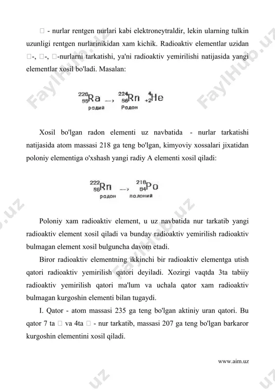 massasi (99.17%) yadroga joylashgan. atom yadrosining diametri -10-14 , 10-13 sm ga teng. 3-rasm. rezerford tajribasi rezerford yuqoridagi tajribaga asoslanib atom tuzilishining planetar modelini taklif qildi, ya'ni atomning markazida massasi taxminan atom massasiga teng bo'lgan, musbat zaryadlangan yadro bo'lib, uning atrofida kuyosh sistemasidagi plenetalar kabi elektronlar xarakat qiladi. uz yo'nalishini uzgartirgan va orqaga kaytgan zarrachalar sonini xisoblab va xamda kaytish burchagini xisoblab, yadro zaryadini topish mumkin. rezerford shu usuldan foydalanib yadro zaryadi atom massasining yarmiga tengligini kursatdi. elementning davriy sistemadagi tartib nomeri kupchilik elementlar uchun atom massasining yarmiga teng. demak, atomdagi elektronlar soni elementning davriy sistemadagi tartib nomeriga, elementning tartib nomeri esa shu elementlar atomi yadrosining musbat zaryadiga tengdir. bu masalani 1913 yilda g.mozli boshqacha yul bilan xal qildi. g.mozli kalsiydan (ca=20) ruxgacha (zn=30) bo'lgan 11 elementning rentgen spektrini sistemali tekshirib, bu elementlardan xar qaysisining rentgen spektridagi k-seriyasi bir-biriga yaqin joylashgan ikkita chizik k va k dan iborat ekanligini kuzatdi …