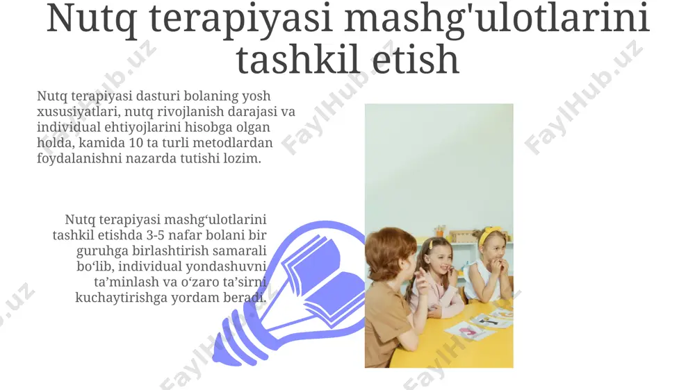 larini mustahkamlaydi. multimedia ta'lim materiallari, jumladan, 10 dan ortiq animatsion video va audio darsliklar, bolalarning nutqini rivojlantirishda individual yondashuvni ta'minlab, tushunishni 15% ga yaxshilaydi. nutq rivojlanishini baholash mezonlari nutq rivojlanishini baholashda 3 yoshli bolalarda lug'at hajmi 500-1000 so'z oralig'ida bo'lishi, gap tuzilishi jihatidan sodda gaplardan murakkab gaplarga o'tishini kuzatish muhimdir. tovushlarni to'g'ri talaffuz qilish darajasi, 5 yoshga kelib deyarli barcha tovushlarni to'g'ri talaffuz qilishi kerak, buning uchun maxsus testlar va kuzatuvlar o'tkaziladi. samarali nutq rivojlantirish dasturlari dasturlar nutqning fonetik-fonemik tomonini rivojlantirishga e'tibor qaratib, artikulyatsiya gimnastikasi va tovush madadkorlari orqali 30 dan ortiq tovushni to'g'ri talaffuz qilishni o'rganishni nazarda tutadi. samarali dasturlar maktabga tayyorgarlik bosqichida bolalarning monologik va dialogik nutqini rivojlantirishga qaratilgan bo'lib, kamida 70% muvaffaqiyat ko'rsatkichiga erishishni maqsad qiladi. yoshga mos nutq rivojlanish me'yorlari 01 02 4-5 yoshdagi bolalarda esa lug'at boyligi 1500-2000 so'zgacha yetishi, murakkab gap tuzilmalarini tushunish va qo'llashi, sodda hikoyalarni bayon qilishi kutilgan nutq rivojlanish me'yorlari hisoblanadi. …