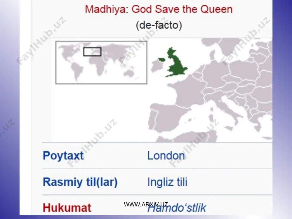 tlandiya, shim. irlandiya, angliya bilan uelsning tog’li joylarida yog’in eng ko’p (1000–1500 mm, ayrim joylarda 3000 mm gacha) yog’adi. jan.sharqda 600–750 mm dan oshmaydi. bulutli kunlar ko’p, kishda tez-tez tuman (londonda qishda 1 oyda 7—10 kun) tushadi. daryolari ko’p, sersuv, lekin qisqa. asosiy daryolari — severn, temza, trent, mersi, klayd. daryolar asosan yomg’ir suvlaridan to’yinadi; kuz va qishda to’lib oqadi, yaxlamaydi, ko’pchiligi kema qatnaydigan kanallar bilan birlashtirilgan. tog’larida ko’llar ko’p. ularning aksariyati muzlik va tektonik harakat natijasida paydo bo’lgan. eng yirik ko’llari: loxney, loxlomond, loxness. shotlandiya shim .da tog’podzol tuproq, tog’ tepalarida tog’tundra tuproq, pasttekisliklarda, shim.g’arbda va shim. www.arxiv.uz www.arxiv.uz tarixi hoz. b. b. hududida mil. av. 1-ming yillikda kelt qabilalari — brittlar yashagan. mil.a.da britaniya o.larining katta qismini rimliklar bosib oldi. 5-a.ning ikkinchi yarmida anglosakslar mamlakatning talay kismini bosib olib, ilk feodal qirolliklar (kent, uesseks, susseks, sharqiy angliya, nortumbriya, mersiya) tuzishgan. 9-a. boshlarida anglosaks davlatlari birlashtirilib, „angliya“ deb atala …