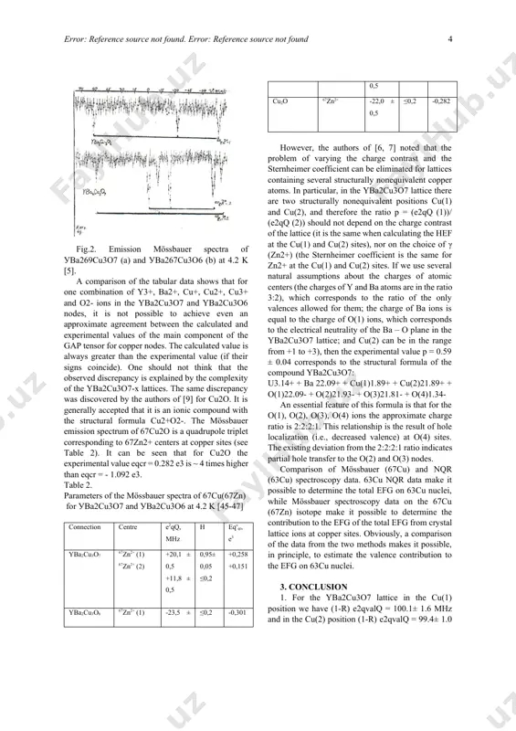 nd the local symmetry of its environment is lower than cubic. 2.comparison of results fig.1. 63.65 nqr spectrum in уba2cu3o7 at 1.7 k [30] (a) and 4.2 k [36] (b) when considering the nqr spectra of 63.65cu isotopes in yba2cu3o7-x, it should be bone in mind that in the structure of this compound copper occupies two positions cu (1) and cu (2). in addition, it should be taken into account that the natural mixture of isotopes contains 63cu and 65cu. therefore, four lines should be expected in the 63.65cu nqr spectra of yba2cu3o-x ceramics: 63cu (1), 65cu (1), 63cu (2) and 65cu (2), and the intensities of these lines should be determined by the occupancy of the cu (1), cu (2) (1:2) and the content of the isotopes 63cu (~70%) and 65cu (~30%). indeed (see fig. 1, a), the nqr spectrum of 63.65cu sample yba2cu3o7 consists of two pairs of …