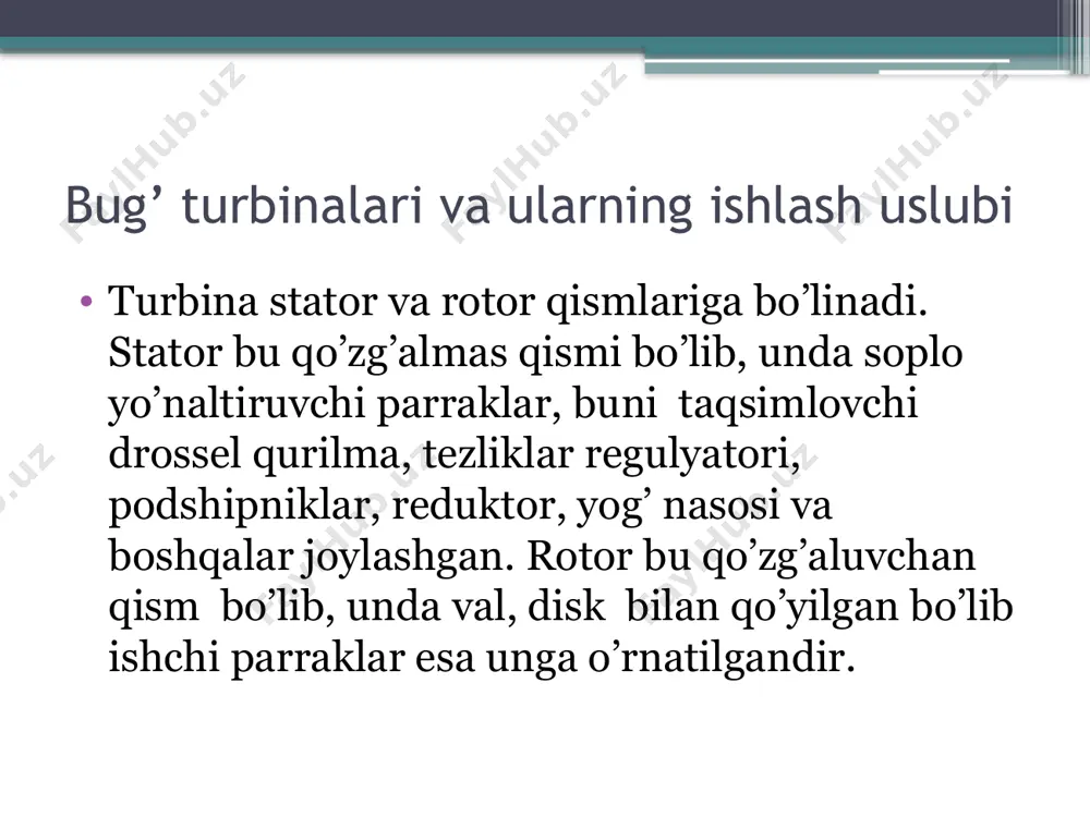 gan qiymatgacha oshirib, keyingi sikl uchun qozonga uzatib beradi. renkin sikli renkin sikli to‘rtta – ikkita izobarik va ikkita adiabatik jarayondan tarkib topadi. renkin siklining pv, ts va hs diagrammalari tasvirlangan. bu diagrammalarda ordinatadagi 1 va 2 nuqtalar orasidagi masofa turbina bajargan ishga, 2 va 3 nuqtalar orasida ish bajarib bo‘lgan bug‘, o‘zidagi qoldiq issiqlikni kondensator – sovitgichga berib kondensatsiyalanadi, 3 va 5 nuqtalar orasida kondensat nasosda siqiladi, 1 va 5 nuqtalar orasidagi masofa siklda bajarilgan issiqlik q1 ga mos keladi. renkin sikli siklda ish jismiga, beriladigan issiqlik miqdori (q1) ts diagrammada a–3-5-4-6-1-v-s yuza bilan tasvirlanadi. sikldan olinadigan issiqlik (q2) a – 3-2-v-a yuzaga, sikl ishi esa pv diagrammada 3-5-4-6-1-2-3 yuzaga ekvivalent. renkin siklida issiqlik berish va olish jarayonlari izobaralar bo‘yicha amalga oshirilishi, izobarik jarayonda esa berilgan (olingan) issiqlik miqdori ish jismining jarayon boshi va oxiridagi entalpiyalari ayirmasiga teng bo‘lishi tufayli, renkin sikliga tadbiqan quyidagilarni yozish mumkin: q1=h1-h5 (8.1) va …