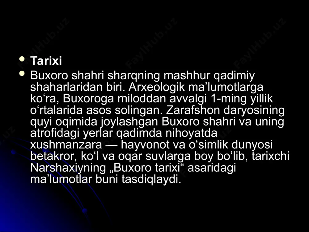 oviy dalillar topildiki, ular shaharning qadimgi tarixini oʻrganishda muhim ahamiyatga egadir. bu yerda 13-15,5 m, shuningdek 16,5-18,5 m chuqurlikdan 2 ta paxsa devor qoldigʻi topildi. ular buxoroning qadimiy mudofaa devori harobalari boʻlib, biri (miloldiy 4-5 asrlar) ning balandligi 2,5–3 m, ikkinchisi (miloddan avvalgi 4-3 asrlar) niki 2-2,5 m. shahar yoshi aniqlashga doir tadqiqotlar shuningdek, shaharning yoshini aniqlash maqsadida butun buxoro vohasi boʻylab, chunonchi yirik arxeologik yodgorliklar — poykend, qoʻrgʻoni vardonze, romitan, varaxsha, xoja boʻston, qoʻzimontepa, oqsochtepa va boshqa shahar harobalarida keng arxeologik qazishmalar olib borildi. konimex tumanida miloddan avvalgi 6—5-asrlarga doir yodgorliklar (chordara shahar harobasi, qumrabod — i, qumrabod — ii, arabon — i, arabon — ii nomli mustahkamlangan qishloqlar, miloddan avvalgi 6-asrga oid shodibek va qalqonota qoʻrgʻonlari) topib oʻrganildi (1975—77). ulardan yuqori darajada rivojlangan hunarmandchilik va meʼmorlikka doir koʻplab ashyoviy dalillar topildi. oʻsha davrga taalluqli qishloqlar qoldiqlari jondor tumanidagi xojaxotin, laylakxoʻr, boshtepa, oqtepa va boshqalar joylardan ham topildi. shahar …