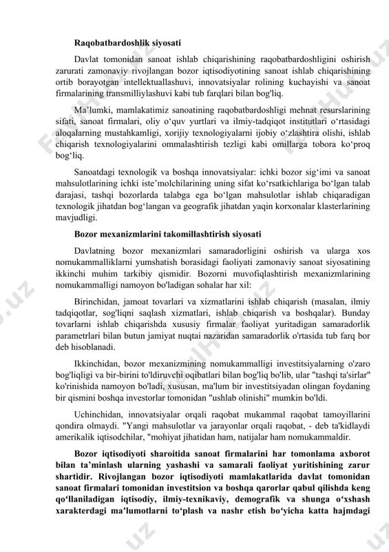 dan olingan foydaning bir qismini boshqa investorlar tomonidan "ushlab olinishi" mumkin bo'ldi. uchinchidan, innovatsiyalar orqali raqobat mukammal raqobat tamoyillarini qondira olmaydi. "yangi mahsulotlar va jarayonlar orqali raqobat, - deb ta'kidlaydi amerikalik iqtisodchilar, "mohiyat jihatidan ham, natijalar ham nomukammaldir. bozor iqtisodiyoti sharoitida sanoat firmalarini har tomonlama axborot bilan ta’minlash ularning yashashi va samarali faoliyat yuritishining zarur shartidir. rivojlangan bozor iqtisodiyoti mamlakatlarida davlat tomonidan sanoat firmalari tomonidan investitsion va boshqa qarorlar qabul qilishda keng qoʻllaniladigan iqtisodiy, ilmiy-texnikaviy, demografik va shunga oʻxshash xarakterdagi maʼlumotlarni toʻplash va nashr etish boʻyicha katta hajmdagi ishlar amalga oshirilmoqda. bo'limlar, garchi ular, albatta, foydalaniladigan ma'lumotlarning yagona manbai emas, axborot firmalari. texnologik bazani shakllantirish siyosati mamlakat sanoatida qo‘llaniladigan texnologiyalarga va shunga mos ravishda uning tarmoq tuzilishiga ta’sir ko‘rsatish orqali davlat sanoat siyosatining dinamik raqobatbardosh ustunliklariga erishishga ta’sir ko‘rsatish mumkin. sanoat ishlab chiqarishining texnologik tarkibiga davlatning ta'siri davlat sanoat korxonalarini yaratish va butun sanoat tarmoqlarini milliylashtirishda eng yaqqol namoyon bo'ldi. …
