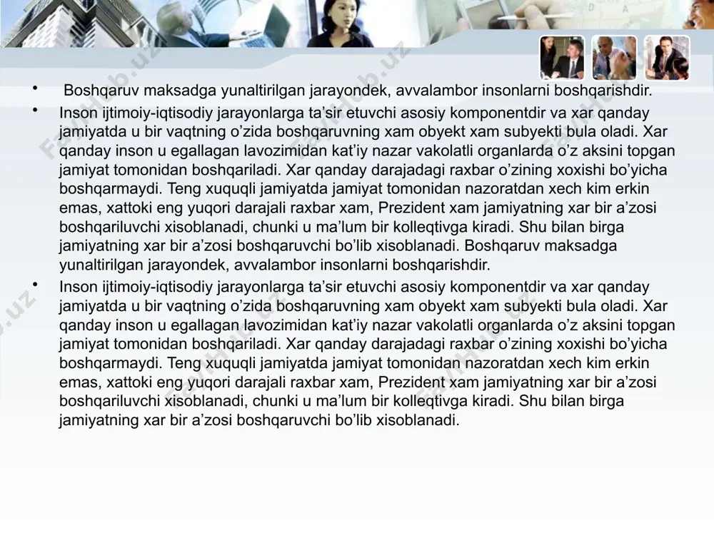 n raxbar buyrugi bilan rais, sekretar (kotib) va boshqalardan tarkib topgan attestasiya komissiyasi to’ziladi menejerlarning ishbilarmonlik va shaxsiy xususiyatlarini yana xam obyeqitiv baxolash uchun attestasiyadan tashqari boshqaruv amaliyotida uch guruxga bo’linadigan turli xil usullar qo’llaniladiattestasiya menejerlarning ishbilarmonlik va shaxsiy xususiyatlarini baxlash usuli bo’lishi bilan birga ularni qayta tayyorlash bilan chambarchas bog’liqdir. menejerni tayyorlash va qayta tayyorlash - bu ta’limning ilmi asoslangan sistemasi bulbi ma’lum soxada faoliyat ko’rsatish uchun bilim, tajriba va yo’l yurik urgatadi. xulosa menejer rahbar madaniyati rahbar uslubi uslublardan optimalini tanlash kerak rahbar fazilati fazilatning eng universalini tanlash kerak yuksak madaniyatga ega bo’lishi rahbar l/o/g/o image5.jpeg image6.png image7.jpeg image8.jpeg image9.jpeg image10.png image11.png image12.jpeg image13.jpeg image14.jpeg image15.jpeg image16.jpeg image17.jpeg image1.jpeg image2.jpeg image3.jpeg image4.jpeg 83252675 /docprops/thumbnail.jpeg