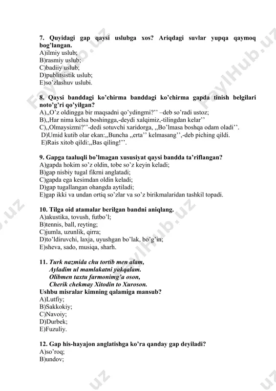 o’z birikmalaridan tashkil topadi. 10. tilga oid atamalar berilgan bandni aniqlang. a)akustika, tovush, futbo’l; b)tennis, ball, reyting; c)jumla, uzunlik, qirra; d)to’ldiruvchi, laxja, uyushgan bo’lak, bo’g’in; e)sheva, sado, musiqa, sharh. 11. turk nazmida chu tortib men alam, ayladim ul mamlakatni yakqalam. olibmen taxtu farmonimg’a oson, cherik chekmay xitodin to xuroson. ushbu misralar kimning qalamiga mansub? a)lutfiy; b)sakkokiy; c)navoiy; d)durbek; e)fuzuliy. 12. gap his-hayajon anglatishga ko’ra qanday gap deyiladi? a)so’roq; b)undov; c)darak; d)riktorik so’roq; e)his-hayajon gap. 13. ulug’ navoiyning turkiy til muhokamasiga bag’ishlangan asari qaysi bandda to’g’ri keltirilgan? a),,majolis un-nafois’’; b),,mahbub ul-qulub’’; c),,lison ut-tayir’’; d),,muhokamat ul-lug’atayn’’; e),,mezon ul-avzon’’. 14. o’rxun-enasoy yozuvchi yodgorligi qaysi tilga taaluqli? a)hind tiliga; b)fors tiliga; c)turkiy tilga; d)rus tiliga; e)xitoy tiliga. 15. “devonu lug’otit turk” asarining muallifi qaysi bandda ko’rsatilgan? a)mahmud koshg’ariy; b)yusuf xos hojib; c)ahmad yugnakiy; d)sulaymon bokirg’oniy; e)durbek. 16. temuriy shahzoda ulug’bekka bag’ishlangan dramaning muallifi kim? a)uyg’un; b)cho’lpon; c)behbudiy; a; d)shayxzod e)a.qodiriy. 17. “avesto” qaysi dinga …