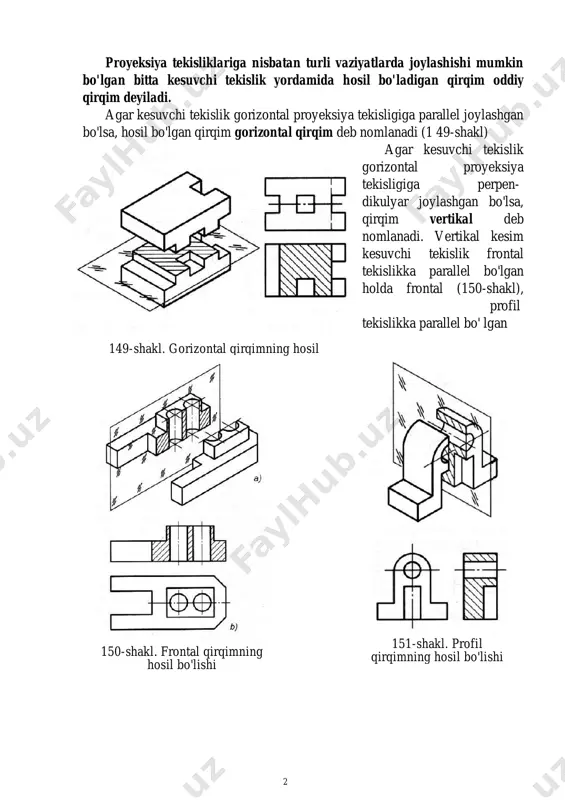 agar kesuvchi tekislik gorizontal proyeksiya tekisligiga parallel joylashgan bo'lsa, hosil bo'lgan qirqim gorizontal qirqim deb nomlanadi (1 49-shakl) agar kesuvchi tekislik gorizontal proyeksiya tekisligiga perpen- dikulyar joylashgan bo'lsa, qirqim vertikal deb nomlanadi. vertikal kesim kesuvchi tekislik frontal tekislikka parallel bo'lgan holda frontal (150-shakl), profil tekislikka parallel bo' lgan 3 a-a holda profil qirqim (151-shakl) deb nomlanadi. kesuvchi tekislik gorizontal proyeksiyalar tekisligiga o'tkir burchak ostida joylashgan bo'lsa, qiya qirqim hosil bo'ladi (152- shakl). tasvirlanayotgan predmetga nisbatan kesuvchi tekislikning joylashgan vaziyatiga qarab qirqimlar bo у lama (kesuvchi tekislik predmetning uzun tomoni yoki balandligi л bo'yicha o'tadi) yoki ko'ndalang (kesuvchi tekislik predmetning uzun tomoni yoki balandligiga perpendikulyar joylashadi) bo'lishi mumkin. predmetning chegaralangan qismlarining ichki shakllarini ko'rsatish maqsadida mahal- 152-shaki. qiya qirqimiarning liy qirqimlar qo'llaniladi. hosil bo'lishi mahalliy qirqimda kesuvchl tekislik faqatgina predmetning ichki shaklini ko'rsatish zarur bo'lgan joyidangina o'tadi. mahalliy qirqimning chegaralari ingichka tutash to'lqinsimon chiziq bilan ko'rsatiladi (153-shakl). bir nechta tekisliklardan foydalanib …