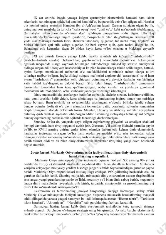 tunlay rad etishi, ularni tan olmaslikda namoyon bo‘ladi. mutaassiblik barcha davrlarda turli din va yo‘nalishlar orasida keskin nizo va to‘qnashuvlar kelib chiqishiga sabab bo‘lgan. «radikalizm»– (lotin. «tomir», «ildiz», «o‘zak») maqsad-muddaoni keskin, murosasiz amalga oshirish, u yoki bu ishdagi mavjud ahvolni tubdan o‘zgartirishga intilishni anglatadi. «ekstremizm»– (lotincha – «aql bovar qilmas darajada», «haddan oshish») jamiyatda qabul qilingan qonun-qoidalarga zid radikal qarash va harakatlarni anglatadi. bunday harakatlarga diniy tus berish diniy ekstremizmga olib keladi. «diniy ekstremizm» – jamiyat uchun an’anaviy bo‘lgan diniy qadriyatlar va aqidalarni rad etish, ularga zid g‘oyalarni aldov va zo‘rlik bilan targ‘ib qilishga asoslangan nazariya va amaliyotni anglatadi. ekstremistik qarashlarni barcha dinlarda, buddizm, xristianlik, islomdagi turli oqimlarda uchratish mumkin. «terror»– (lotincha – «qo‘rqitish», «vahimaga solish») – aholining keng qatlamlarida dahshat va qo‘rquv uyg‘otish, jamiyatda beqarorlik keltirib chiqarish orqali davlat hokimiyatini egallash maqsadiga qaratilgan jinoiy faoliyatdir. terror, terrorchilik faoliyati, terrorchi birgalikda bir butun hodisa sifatida terrorizmni tashkil etadi. hozirgi davrda …