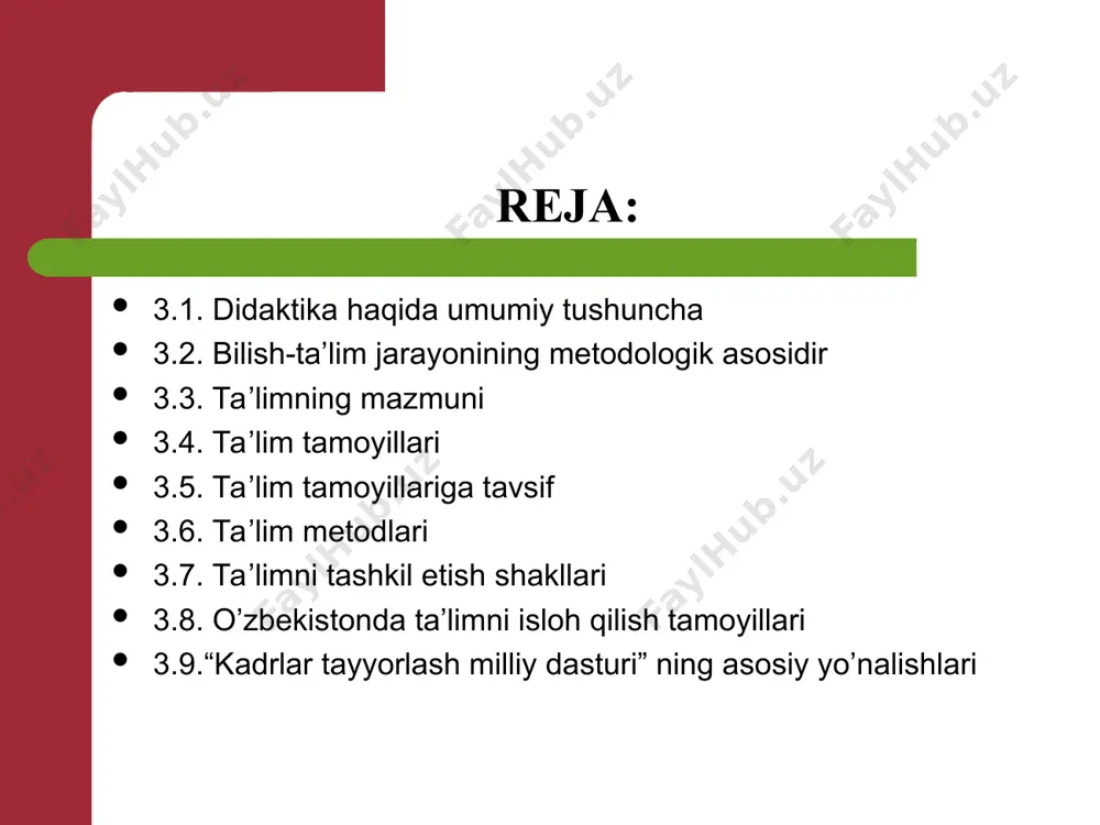 lim jarayonida belgilangan maqsadga erishish uchun bir qator vazifalarni bajarish lozim. ularning asosiylari quyidagilardan iborat: 1. talabalarda bilim, ko’nikma va malakalarni hosil qilish. 2. talabalarda dunyoqarashni, ishonch va e’tiqodlarini o’stirish. 3. talabalarning ma’naviyatini boyitish va tarbiyalash. 4. yoshlarning ichki imkoniyatlarini, qobiliyatlarini va iste’dodlarini ochish hamda o’stirish. 3.2. bilish-ta’lim jarayonining metodologik asosidir bilish jarayoni kabi ta’lim jarayonida ham o’quvchi bilmaslikdan bilishga, noto’g’ri va noaniq bilishdan toboro to’liqroq va aniqroq, chuqurroq bilishgacha bo’lgan yo’lni bosib o’tadi.bu jarayonda hissiy idrok etish ham abstrakt tafakkur ham, amalda sinab ko’rish ham bo’ladi. bilish ikki pallaga- nazariya va amaliyotga bulinadi. nazariya yangi bilimni, yangicha bilishni ifodalovchi tizimli fikrdir. nazariya har hil shakllarda ifodalanadi: aksioma, teorema, qonun, formula, grafik, raqam va boshqalar. nazariyada g’oya shakllanadi. * amaliyot bilimlarning haqiqiyligini ko’rsatuvchi mezondir. ko’zatish, tajriba o’zgartirish, yaratish – bular amaliyot shakllariga kiradi. amaliyot ijtimoiy hayot va tabiatning murakkab jarayonlarini bilib olishda inson uchun asosiy qurol bo’lib xizmat qiladi. ilmiy …