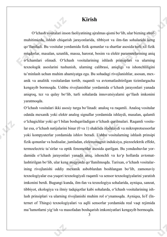 i formatga o'tkaziladi. bu raqamli ma’lumotlar mikroprotsessorlar yoki kompyuterlar yordamida qayta ishlanadi va ko‘rsatiladi. raqamli oʻlchash tizimlarida asosiy qonunlar sifatida binar tizim, signallarni kodlash va raqamli signallarni boshqarish mexanizmlari muhim rol o‘ynaydi. fizik qonunlar asosida ishlash prinsiplarini tushunish uchun elektromagnetik induksiya qonuni, piezoelektrik ta’sir, termoelektrik effektlar va optik hodisalar kabi asosiy nazariyalar muhimdir. elektromagnetik induksiya qonuni, masalan, oʻlchashda elektromagnit signallar hosil qilish uchun ishlatiladi, bu qonun faraday qonuni bilan tavsiflanadi. piezoelektrik ta’sir esa, mexanik bosim yoki deformatsiya natijasida elektr potentsial hosil qiladigan materiallar yordamida oʻlchashni amalga oshirishda qo‘llaniladi. termoelektrik effektlar esa, harorat farqi bilan elektr tok yoki kuchlanish hosil qilish uchun ishlatiladi, ayniqsa termometr va temperaturni o‘lchashda keng qo‘llaniladi. optik hodisalar, ayniqsa, lazerlar va foton texnologiyalari yordamida oʻlchashda, nurlanish va optik signallarni aniqlash uchun ishlatiladi. oʻlchash vositalarining ishlash prinsiplari shuningdek, sensor texnologiyalariga ham asoslanadi. sensorlar fizik xususiyatlarni (masalan, harorat, bosim, yorug‘lik) qabul qilib, ularni elektr yoki optik signallarga aylantiradi. bu …