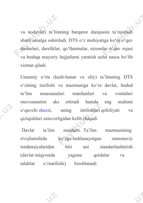 siyalarining hisobga olinishi. davlat ta’lim standarti: 1) ta’lim olish shaklidan qat’iy nazar bitiruvchilar erishishlari kerak bо‘lgan ta’lim darajasini belgilovchi asosiy hujjat; 2) о‘quv fani bо‘yicha yakuniy ta’limning yakuniy natijalarini belgilovchi asosiy hujjat; 3) ta’lim dasturlari mazmunining minimumi, о‘quvchilar tomonidan bajariladigan о‘quv ishlarining maksimal hajmi, shuningdek, bitiruvchilarning tayyorgarlik darajalariga qо‘yiluvchi talablarni belgilaydi. о‘zbekiston respublikasining “ta’lim tо‘g‘risida”gi qonuni bilan bir qatorda ta’lim standarti asosiy meyoriy hujjat hisoblanadi. «standart» ingliz tilidan tarjima qilinganda «meyor», «namuna», «andoza», «model» ma’nolarini anglatadi. standart yordamida, respublika miqyosidagi turli ta’lim muassasalarida ta’limning barqarorlik darajasini ta’minlashga erishiladi, о‘quv ishlari normativlari moslashtiriladi, о‘quvchilarning bilimlarini baholash mezonlari ishlab chiqiladi. о‘quvchi davlat tomonidan belgilangan ta’lim standarti bilan cheklanishlari mumkin, yoki bilimlarni yanada chuqurroq egallab olish maqsadida mustaqil shug‘ullanish imkoniyatiga ega. uning uchun qiyin bо‘lgan yoki qiziqarli bо‘lmagan fanni о‘rganishda о‘quvchiga standartga kiritilgan normativ minimum bilan cheklanish imkoniyati beriladi. ushbu holatda, о‘quvchi о‘ziga mos keladigan ta’lim yо‘lini anglagan holda va mustaqil tanlab, о‘z …