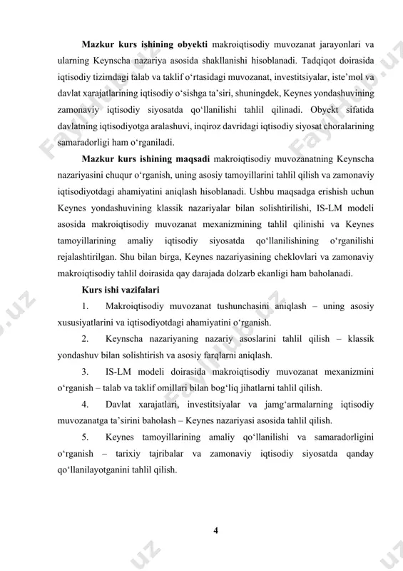 arqarorligi va iqtisodiy o‘sish kabi muhim omillar orqali tavsiflanadi 🟢 makroiqtisodiy muvozanatga ta’sir qiluvchi asosiy omillar orasida ichki va tashqi talab, davlat siyosati, investitsiyalar, iste’mol darajasi, eksport-import balansi hamda pul-kredit siyosati muhim o‘rin tutadi. keynes yondashuvi bo‘yicha, iqtisodiyotda to‘liq bandlik va ishlab chiqarishning optimal hajmiga erishish uchun davlatning faol ishtiroki zarur hisoblanadi 🟢 makroiqtisodiy muvozanatni tavsiflovchi asosiy ko‘rsatkichlar ichida yalpi ichki mahsulot (yaim), investitsiyalar hajmi, iste’mol darajasi, ishsizlik darajasi va inflyatsiya ko‘rsatkichlari alohida e’tiborga loyiq. ushbu omillar iqtisodiyotning barqarorligi va rivojlanish sur’atlarini o‘lchashga xizmat qiladi 🟢 muvozanat holati statik yoki dinamik shaklda bo‘lishi mumkin. statik muvozanat iqtisodiyotning ma’lum bir vaqt davomida barqarorligini anglatadi. dinamik muvozanat esa vaqt o‘tishi bilan iqtisodiy ko‘rsatkichlarning o‘zgarishini va moslashuvchanligini ifodalaydi. shu sababli, makroiqtisodiy muvozanatni saqlash uchun doimiy ravishda davlat tomonidan iqtisodiy choralar ko‘rilishi va talabni rag‘batlantirish mexanizmlari amalga oshirilishi lozim[footnoteref:1] [1: abdurahmonov q. makroiqtisodiyot asoslari – o‘zbekiston: iqtisodiyot, 2019 – 45-67 b.] 🟢 keynes nazariyasi …