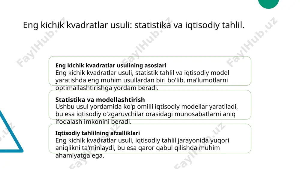 ozlash uchun muhim asos yaratadi. modellar turlari o'zbekiston iqtisodiyotida liney va ko'p omilli regressiya modellari, vaqt qatorlari va mexanistik modellar keng qo'llaniladi, har biri o'ziga xos afzalliklari bilan. ma'lumotlar tahlili iqtisodiy prognozlar uchun sifatli ma'lumotlar to'plami zarur. o'zbekiston statistikasi va iqtisodiy ko'rsatkichlari tahlil qilishda asosiy manba hisoblanadi. prognozlar va qarorlar o'zbekiston iqtisodiyoti uchun prognozlar, davlat va xususiy sektorda muhim qarorlar qabul qilishda, iqtisodiy barqarorlikni ta'minlashda yordam beradi. ko'p omilli modellarda parametrlarni baholash usullari. o'lchov usullari model mosligi diagnostika va tahlil ko'p omilli modellarda parametrlarni baholashda eng ko'p qo'llaniladigan o'lchov usullari, eng kichik kvadratlar usuli va maksimum ehtimollik usulidir. parametrlarni baholashda model mosligini baholash muhimdir. bu, modelning haqiqiy ma'lumotlarga qanchalik mos kelishini aniqlashga yordam beradi. parametrlarni baholashdan so'ng, diagnostika usullari yordamida modelning xatolarini tahlil qilish muhimdir. bu, natijalarni yaxshilash imkonini beradi. iqtisodiy tadqiqotlarda eng kichik kvadratlar usulining afzalliklari. 1 tahlilning aniqligi eng kichik kvadratlar usuli yordamida o'zgaruvchilar o'rtasidagi munosabatlar aniqroq tahlil …