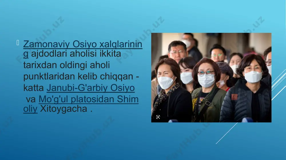 apur ); aholisi bo'yicha osiyoning eng yirik davlatlari xitoy , hindiston , indoneziya , pokiston , bangladesh , yaponiya , filippin , vetnam , eron , tailand , birma vajanubiy koreya . osiyo etnik guruhlari va davlatlarining yevropa xalqlari tomonidan mustamlaka qilinishi miloddan avvalgi 1-ming yillik oxirlarida boshlanib, 19-asr oxiri — 20-asr boshlarida oʻzining eng yuqori choʻqqisiga chiqdi. markaziy osiyo markaziy osiyo , eng keng tarqalgan ta'rifiga ko'ra, besh sobiq sovet sotsialistik respublikasidan iborat deb hisoblanadi : qozog'iston , qirg'iziston , tojikiston , o'zbekiston va turkmaniston . kengroq nuqtai nazardan, g'arbiy xitoyning shinjon , mo'g'uliston , afg'oniston va shimoliy pokiston kiradi. turkiy , hind-eron va moʻgʻul xalqlari uning umumiy etniklarini tashkil qiladi. markaziy osiyo markaziy osiyoning asosiy dinlari islom (turkiy/hind-eron xalqlari) va buddizm (moʻgʻuliston). markaziy osiyo qadimiy ipak yo'li bo'ylab joylashgan geografik joylashuviga asoslangan uzoq va boy tarixga ega . u moʻgʻullar , tibetliklar , temuriylar , oʻzbeklar , forslar …