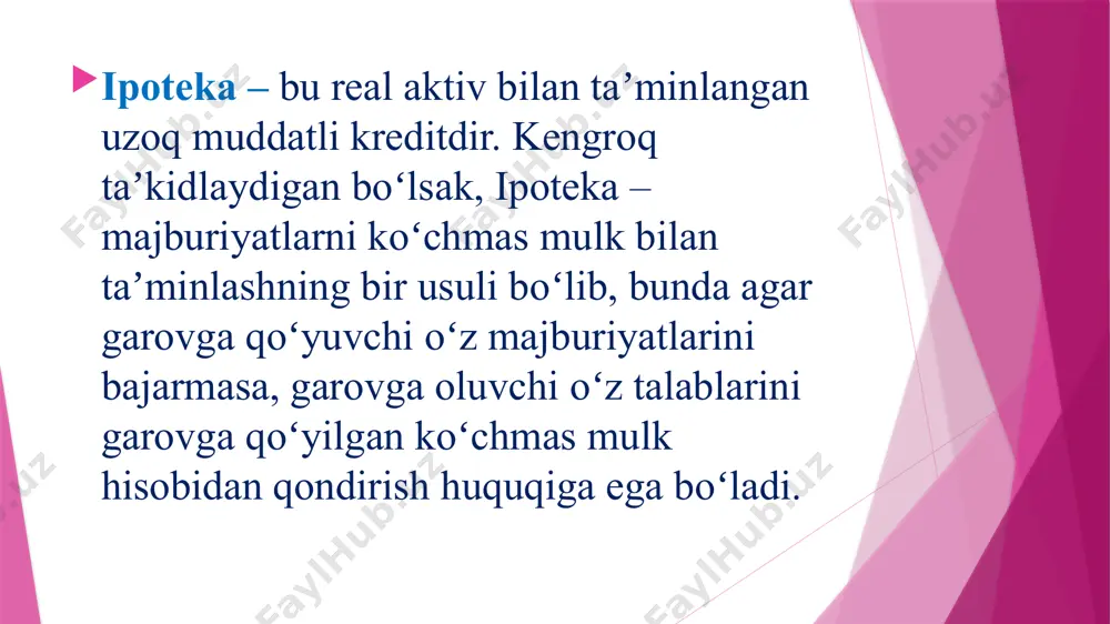 ham ataladi. ikki bosqichli model (amerika modeli) ipoteka bozorining berilgan ipoteka kreditlarini qayta moliyalashtirish koʻchmas mulk bilan taʼminlangan ikkilamchi qimmatli qogʻozlar bozori hisobiga amalga oshirilishi bilan tavsiflanadi. bu modelning asosida risklarni taqsimlash gʻoyasi yotadi. ssuda-jamgʻarma modelida ipoteka kreditlarini qayta moliyalashtirish ipoteka qimmatli qogʻozlari hisobiga emas, balki aniq maqsadli yoʻnaltirilgan tartibda tashkil etiladigan oʻzaro yordam kassalari tamoyili boʻyicha kelgusi qarz oluvchilarning jamgʻarmalarini jalb qilish hisobiga amalga oshiriladi. mamlakatimizda ipoteka kreditlash amaliyoti toʻgʻridan-toʻgʻri kreditlash amaliyotiga asoslanib, oʻzbekiston respublikasining 2006 yil 4 oktyabrdagi “ipoteka toʻgʻrisida”gi qonuni, vazirlar mahkamasining 2007 yil 3 yanvardagi “uy-joy qurilishiga, uni rekonstruksiya qilishga va sotib olishga ipoteka krediti berish toʻgʻrisidagi nizomni tasdiqlash haqida” gi 2-sonli qaroriga asosan tartibga solinadi. mamlakatimizdagi tijorat banklari tomonidan ipoteka kreditlari quyidagilar hisobidan beriladi tijorat banklarining o’z mablag’lari va jalb qilingan mablag’lari; kredit liniyalari, shu jumladan imtiyozli kredit liniyalari; xorijiy moliya institutlarining ipoteka krediti uchun berilgan grantlari va investitsiyalari. ariza beruvchi tijorat banklarining oʻz mablagʻlari …