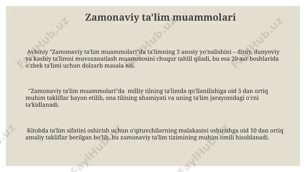 r bir bosqichda vijdonli shaxsni shakllantirish usullari bayon etiladi. аvloniyning "yoshlarni ma'nan kamol toptirish" asarida 5 ta asosiy fazilat – vijdon, adolat, mehr-oqibat, vatanparvarlik va bilimsevish kabi muhim insoniy qadriyatlarni tarbiyalashga alohida e'tibor qaratiladi. insonparvarlik va mehr-oqibat kitobda bolalar tarbiyasida mehr-oqibatning ahamiyati 20 dan ortiq misollar orqali, 7 ta hikoya va voqea orqali batafsil bayon qilingan. аvloniyning "insonparvarlik va mehr-oqibat" asarida 5 ta asosiy fazilat, jumladan, halollik, saxovatlilik va adolatlilik kabi muhim insoniy qadriyatlar ta'kidlanadi. asarda insonparvarlik g'oyasi, axloqiy tarbiyaning 3 bosqichiga bo'linib, har bir bosqichga oid amaliy maslahatlar berilgan. ijtimoiy adolatsizlikka qarshi kurash avloniyning asarlarida ijtimoiy adolatsizlik, xususan, 3 ta asosiy ko‘rinishda – yer egaligi, ta’lim va sud tizimlaridagi tengsizliklar orqali tahlil qilinadi. “turkiston viloyatlarida dehqonlarning ahvoli” kabi asarlarida 70% dan ortiq dehqonlarning yersiz yoki oz yer ega ekanligi, bu esa o‘ta og‘ir ijtimoiy adolatsizlikka olib kelishi ta’kidlanadi. adolatsizlikka qarshi kurashda ma’rifat va ta’limning ahamiyatini ta’kidlab, avloniy milliy ong …