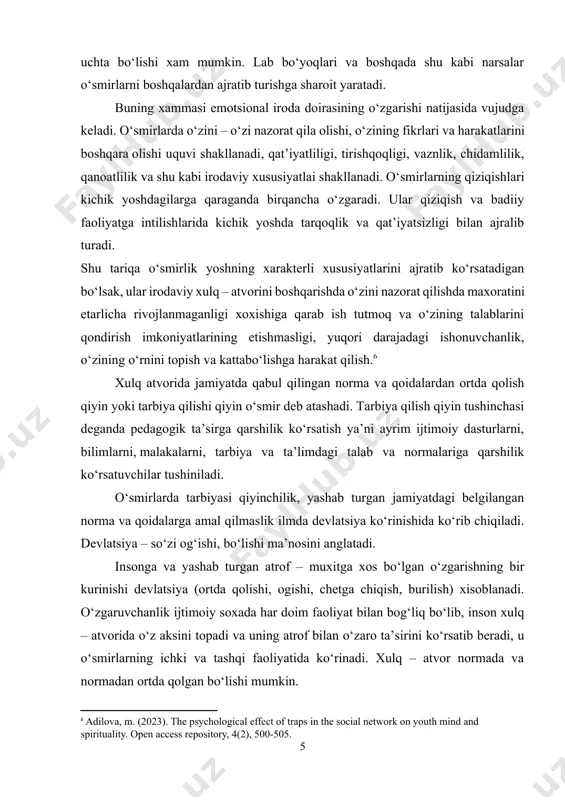 , m. (2023). the psychological effect of traps in the social network on youth mind and spirituality. open access repository, 4(2), 500-505.] xulq atvorida jamiyatda qabul qilingan norma va qoidalardan ortda qolish qiyin yoki tarbiya qilishi qiyin o‘smir deb atashadi. tarbiya qilish qiyin tushinchasi deganda pedagogik ta’sirga qarshilik ko‘rsatish ya’ni ayrim ijtimoiy dasturlarni, bilimlarni, malakalarni, tarbiya va ta’limdagi talab va normalariga qarshilik ko‘rsatuvchilar tushiniladi. o‘smirlarda tarbiyasi qiyinchilik, yashab turgan jamiyatdagi belgilangan norma va qoidalarga amal qilmaslik ilmda devlatsiya ko‘rinishida ko‘rib chiqiladi. devlatsiya – so‘zi og‘ishi, bo‘lishi ma’nosini anglatadi. insonga va yashab turgan atrof – muxitga xos bo‘lgan o‘zgarishning bir kurinishi devlatsiya (ortda qolishi, ogishi, chetga chiqish, burilish) xisoblanadi. o‘zgaruvchanlik ijtimoiy soxada har doim faoliyat bilan bog‘liq bo‘lib, inson xulq – atvorida o‘z aksini topadi va uning atrof bilan o‘zaro ta’sirini ko‘rsatib beradi, u o‘smirlarning ichki va tashqi faoliyatida ko‘rinadi. xulq – atvor normada va normadan ortda qolgan bo‘lishi mumkin. normadagi …